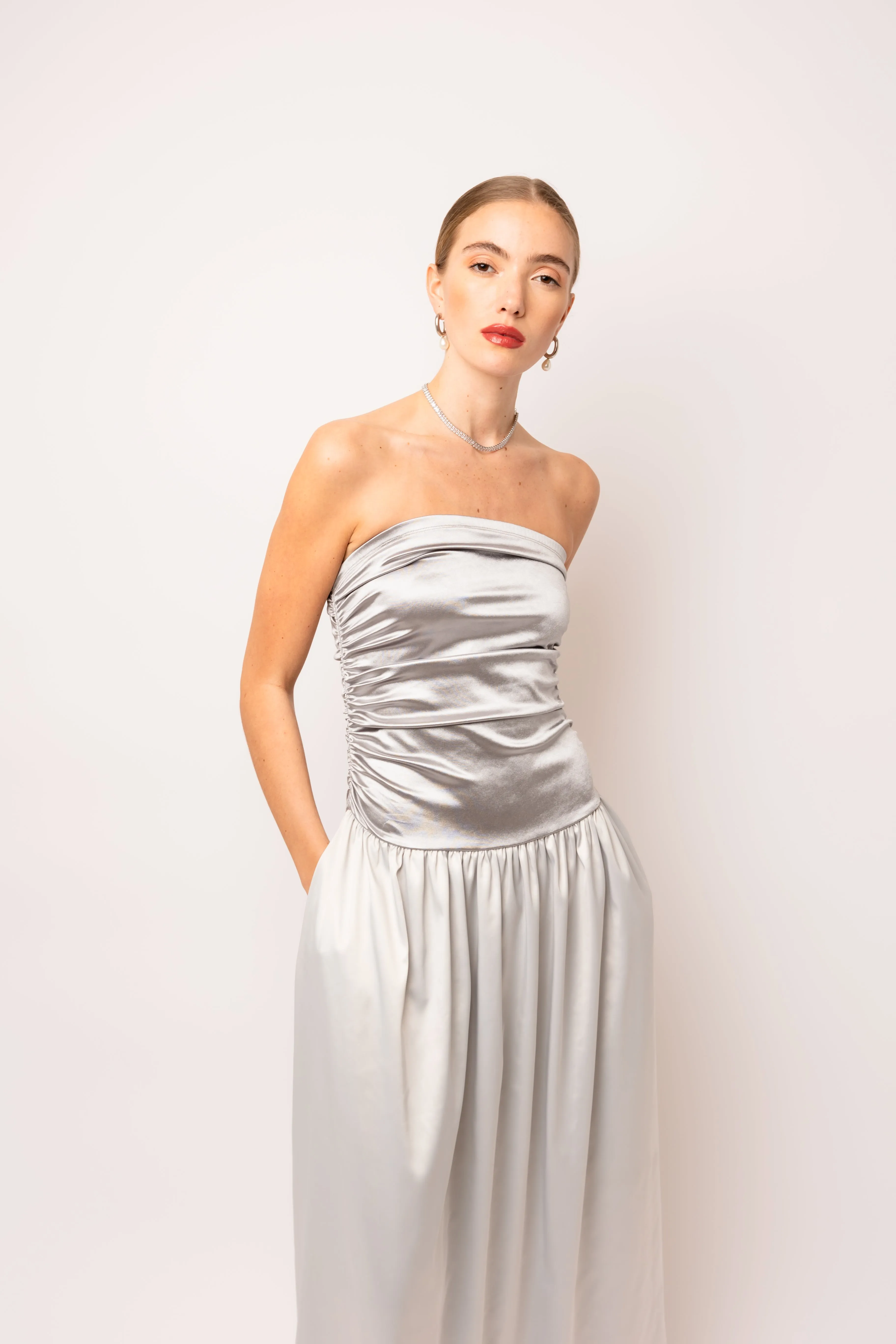 Micha Silver Satin Maxi Dress sold by AMYLYNN product image thumbnail 2