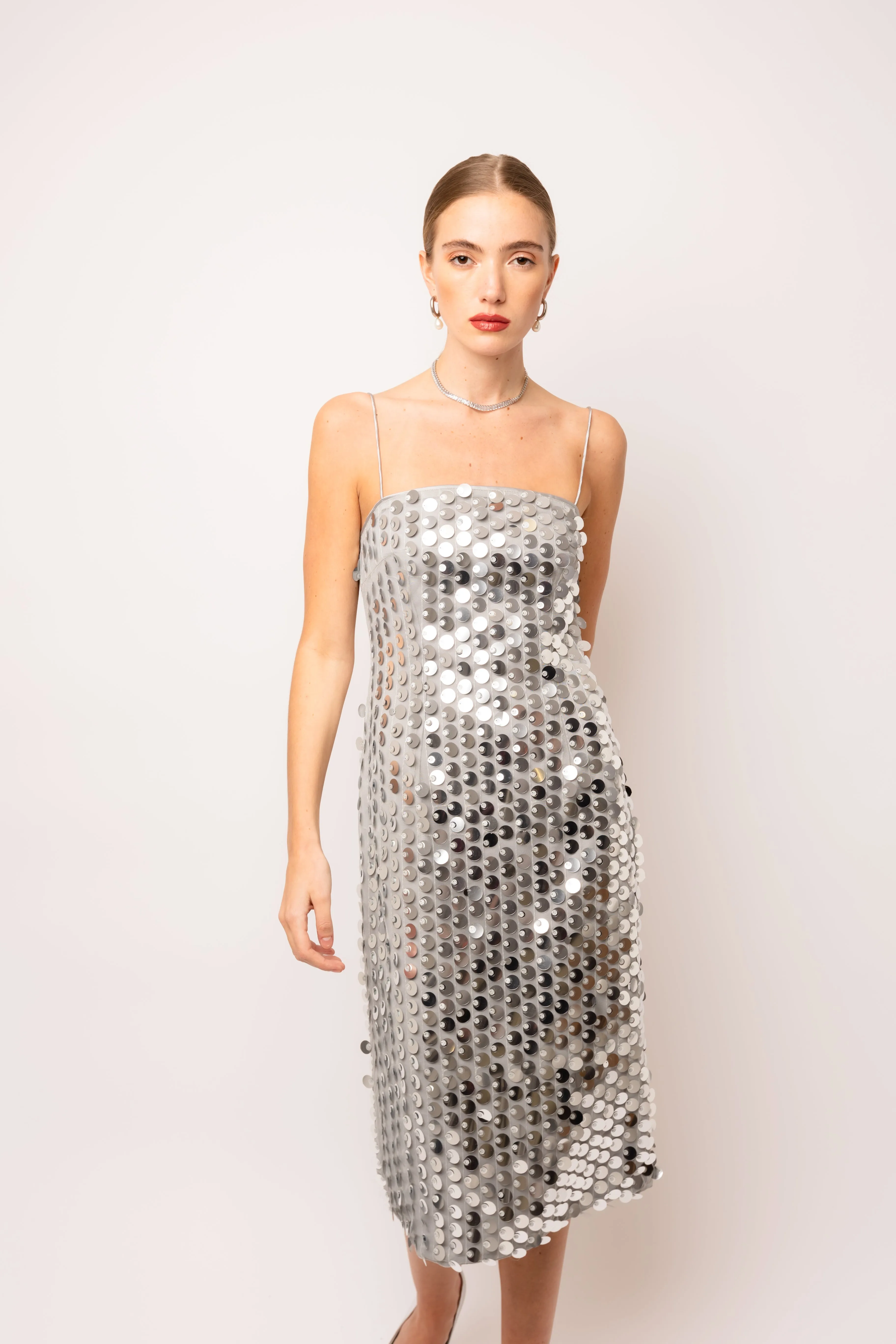 Farley Silver Disc Sequin Midi Dress sold by AMYLYNN