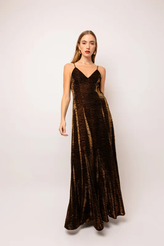 Talia Brown Tiger Velvet Burnout Maxi Dress sold by AMYLYNN