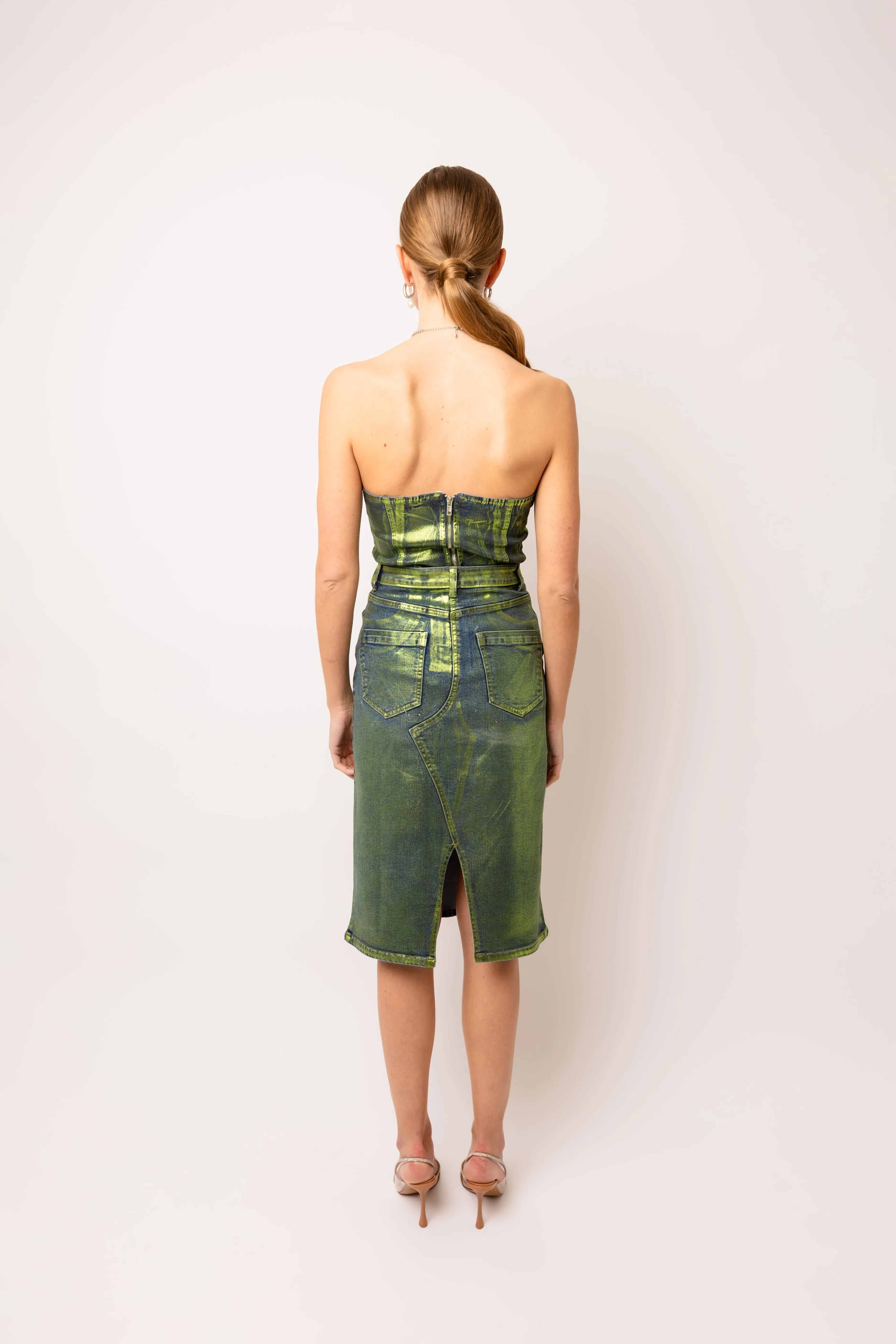 Clara Rich Cotton Green Denim Foil Coated Midi Skirt sold by AMYLYNN product image thumbnail 4