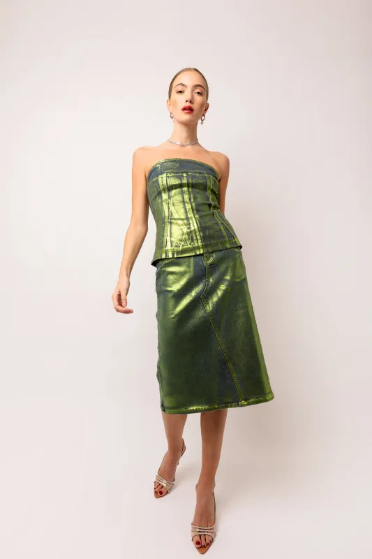 Clara Rich Cotton Green Denim Foil Coated Midi Skirt sold by AMYLYNN