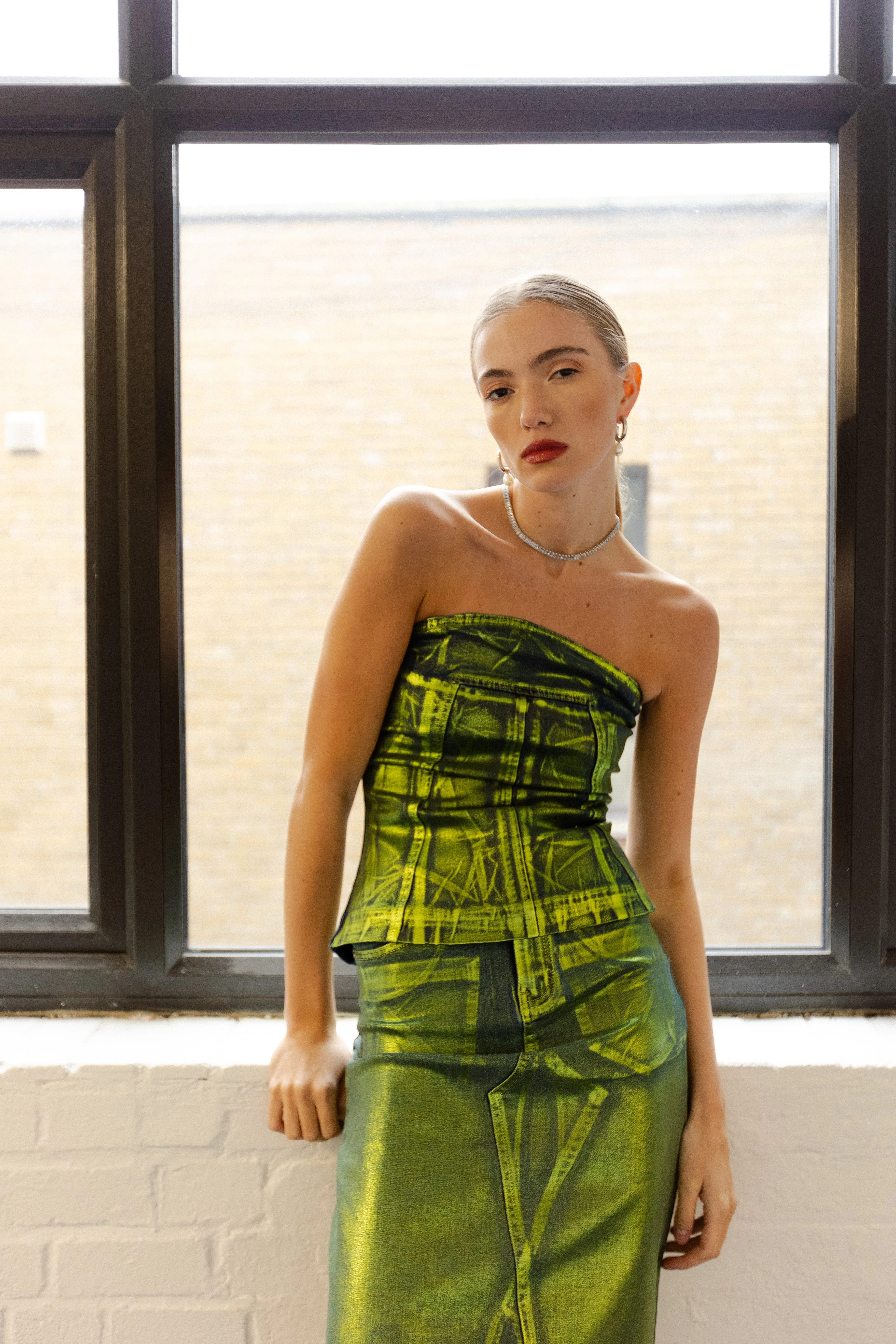 Clara Rich Cotton Green Denim Foil Coated Midi Skirt sold by AMYLYNN product image thumbnail 5