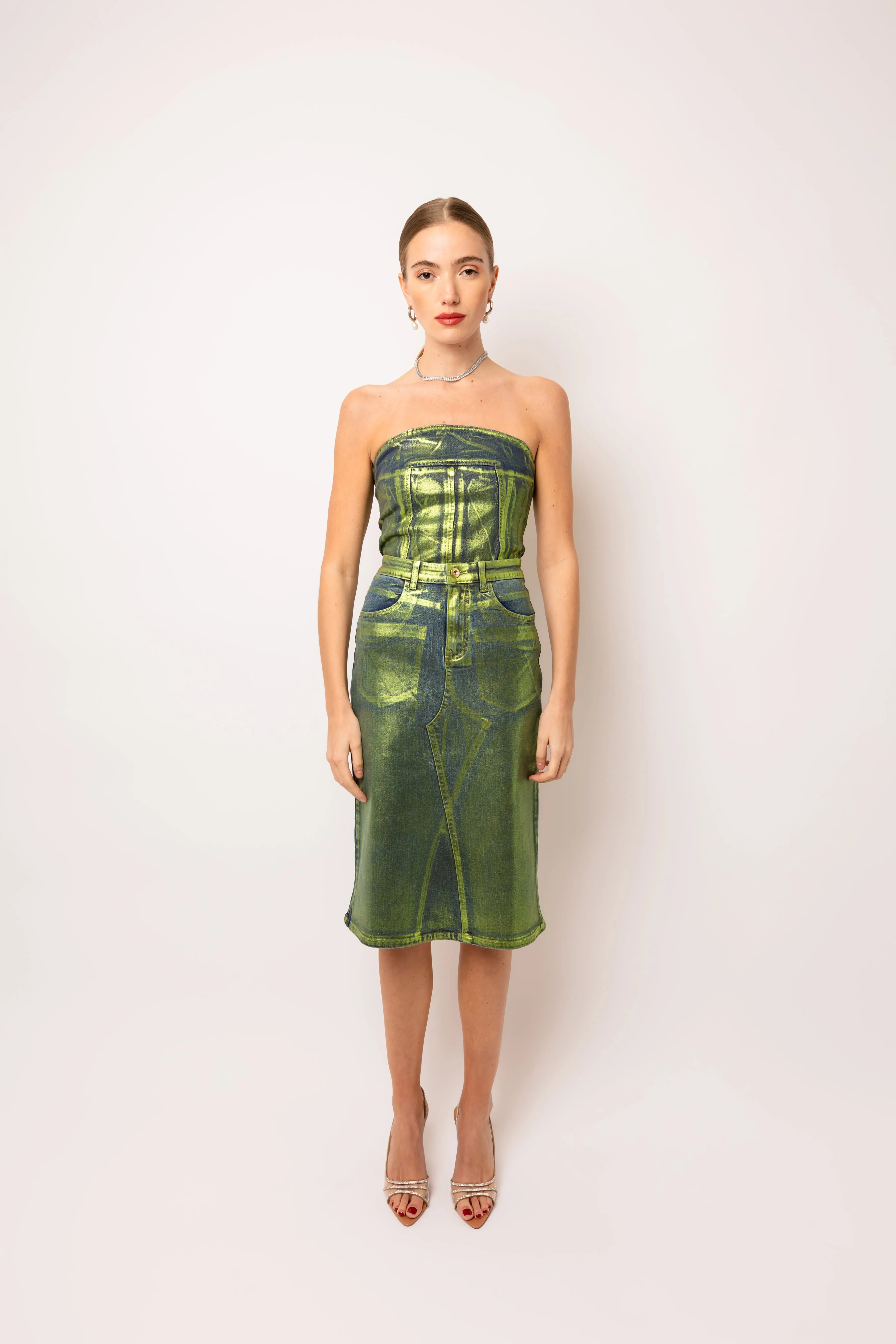 Clara Rich Cotton Green Denim Foil Coated Midi Skirt sold by AMYLYNN product image thumbnail 2