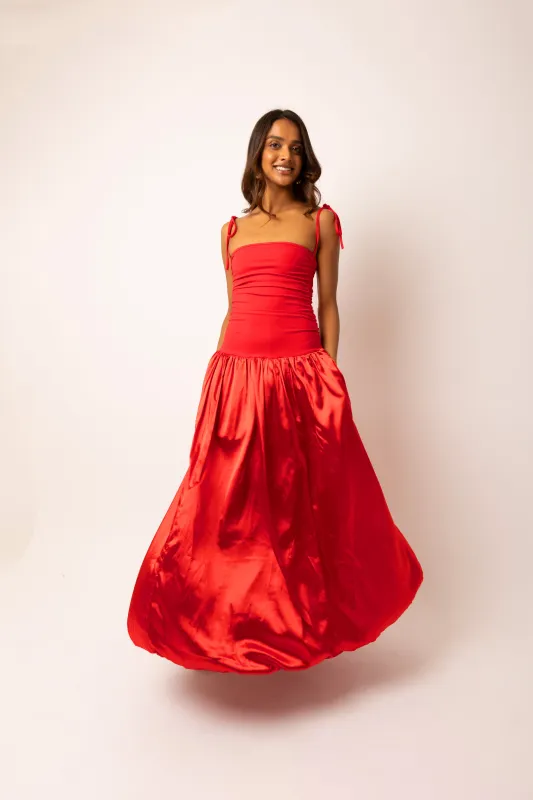 Alexa Red Satin Puffball Dress sold by AMYLYNN