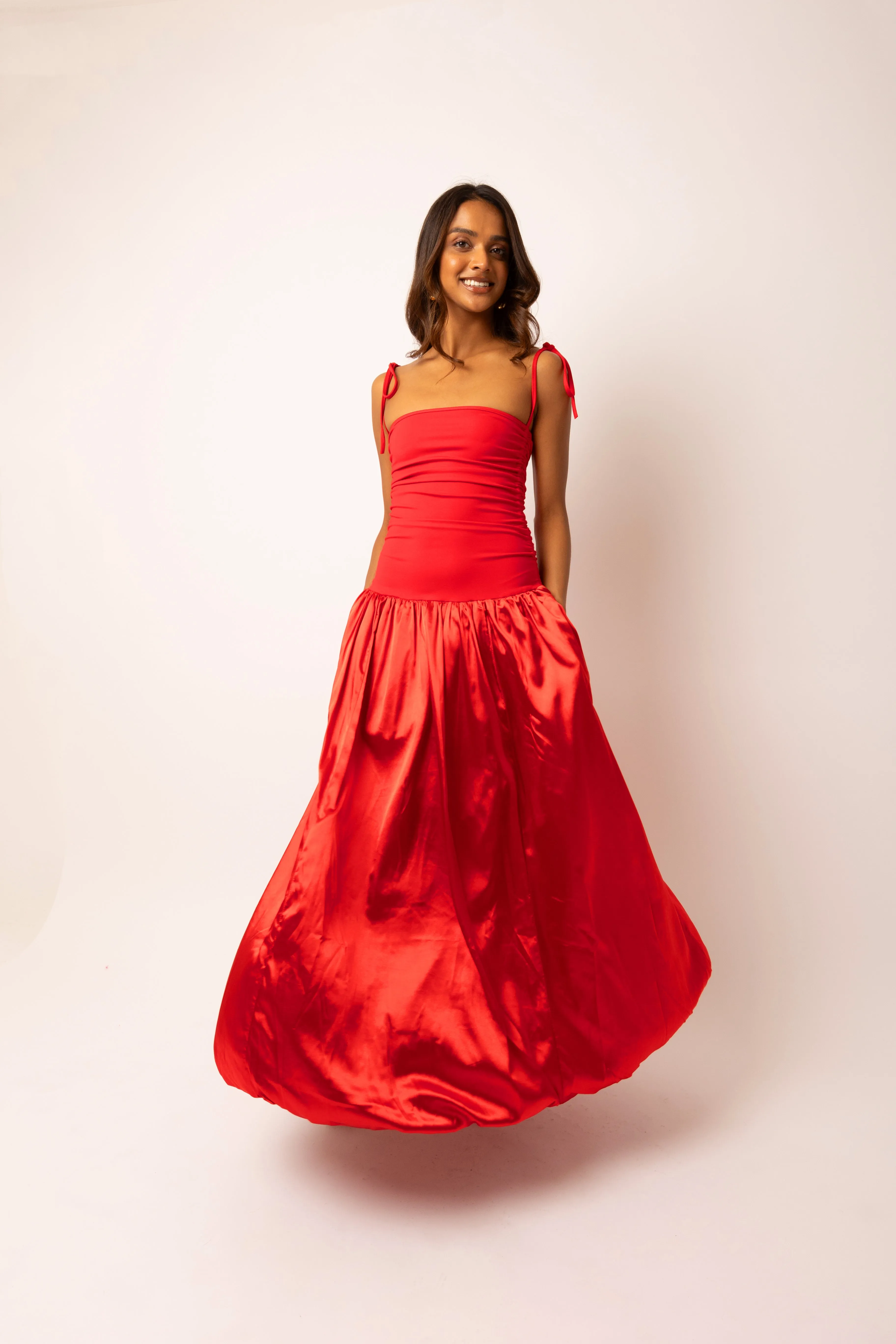 Alexa Red Satin Puffball Dress sold by AMYLYNN