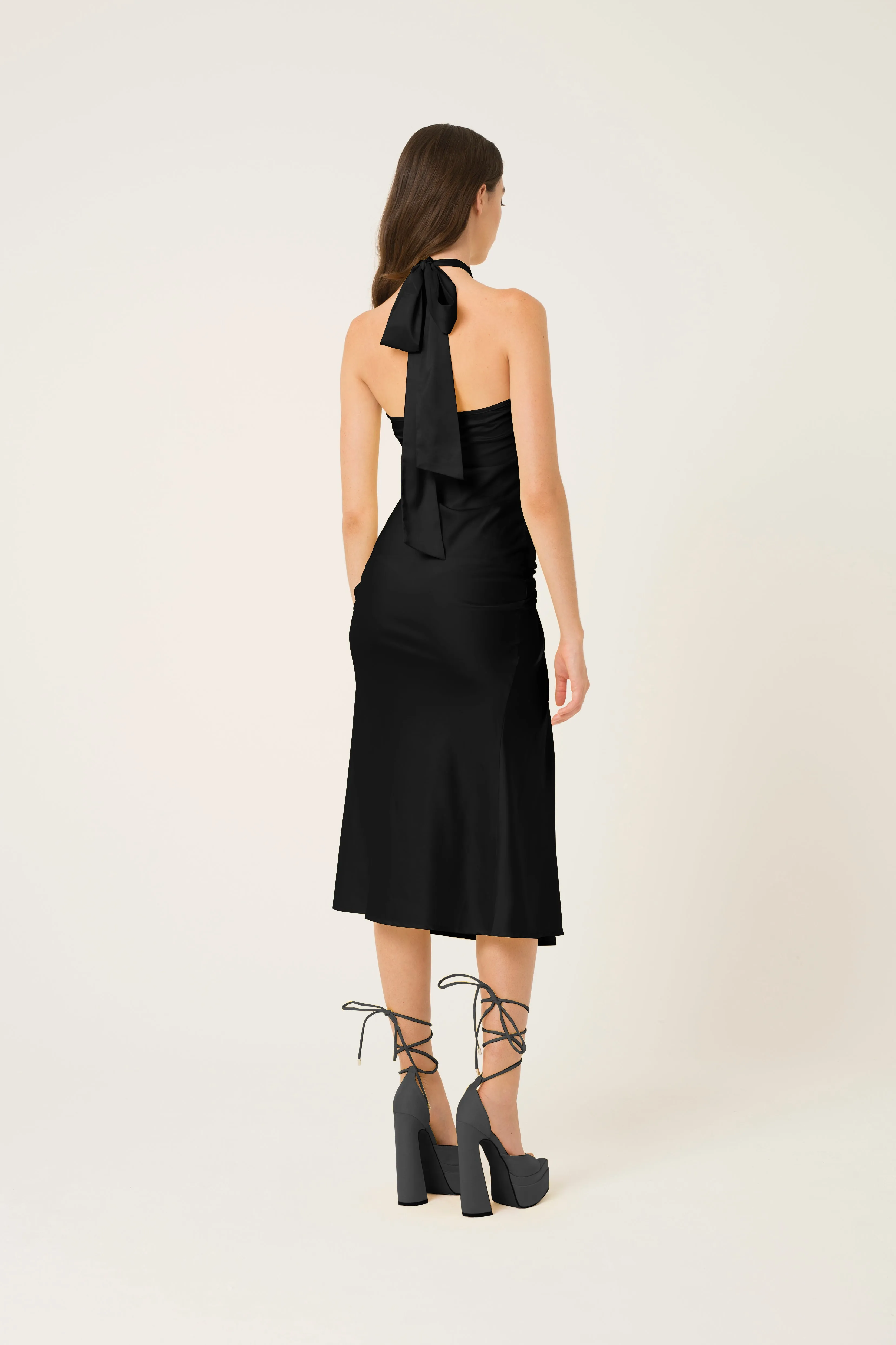 Serena Black Halter-neck Satin Midi Dress sold by AMYLYNN product image thumbnail 4