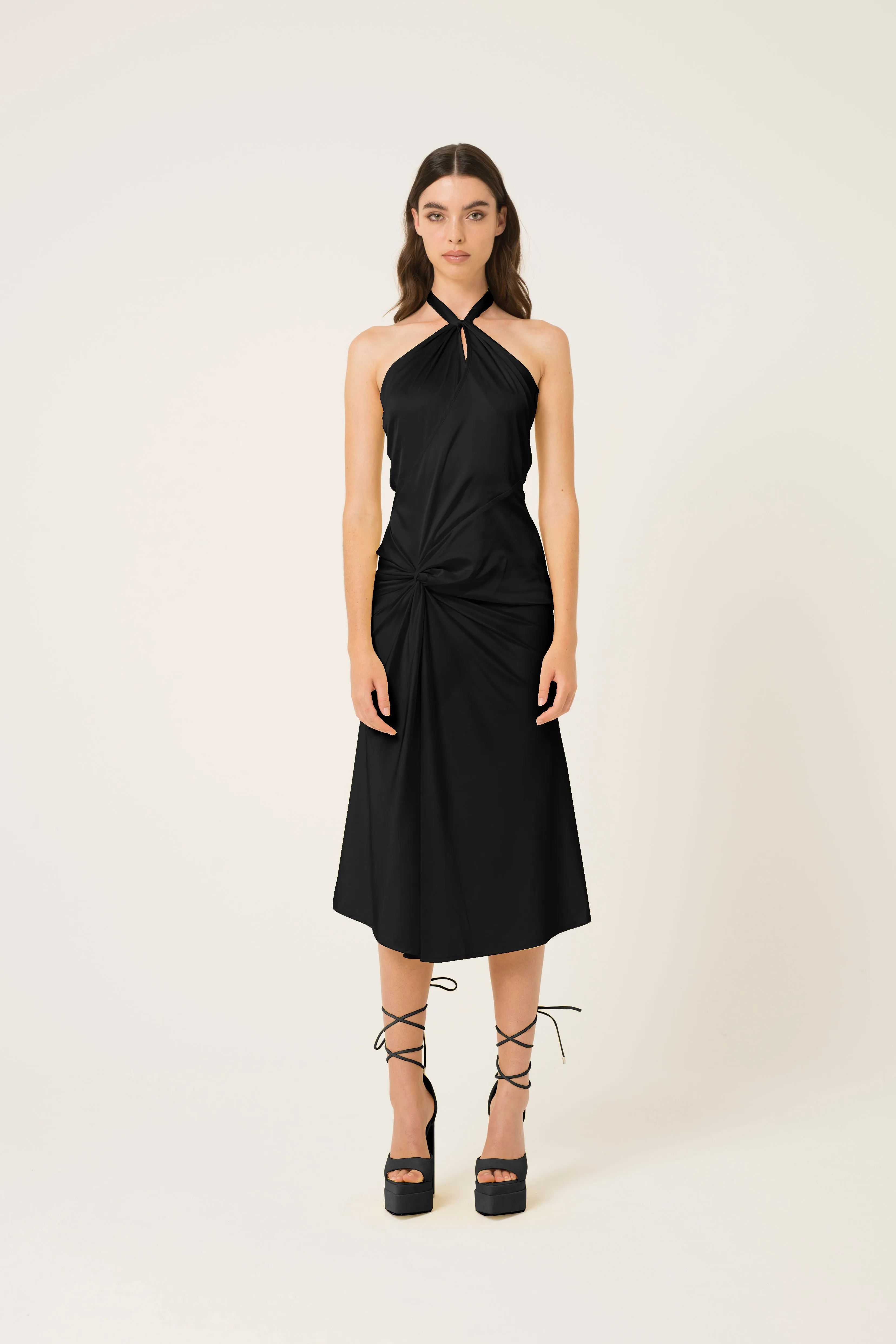Serena Black Halter-neck Satin Midi Dress sold by AMYLYNN