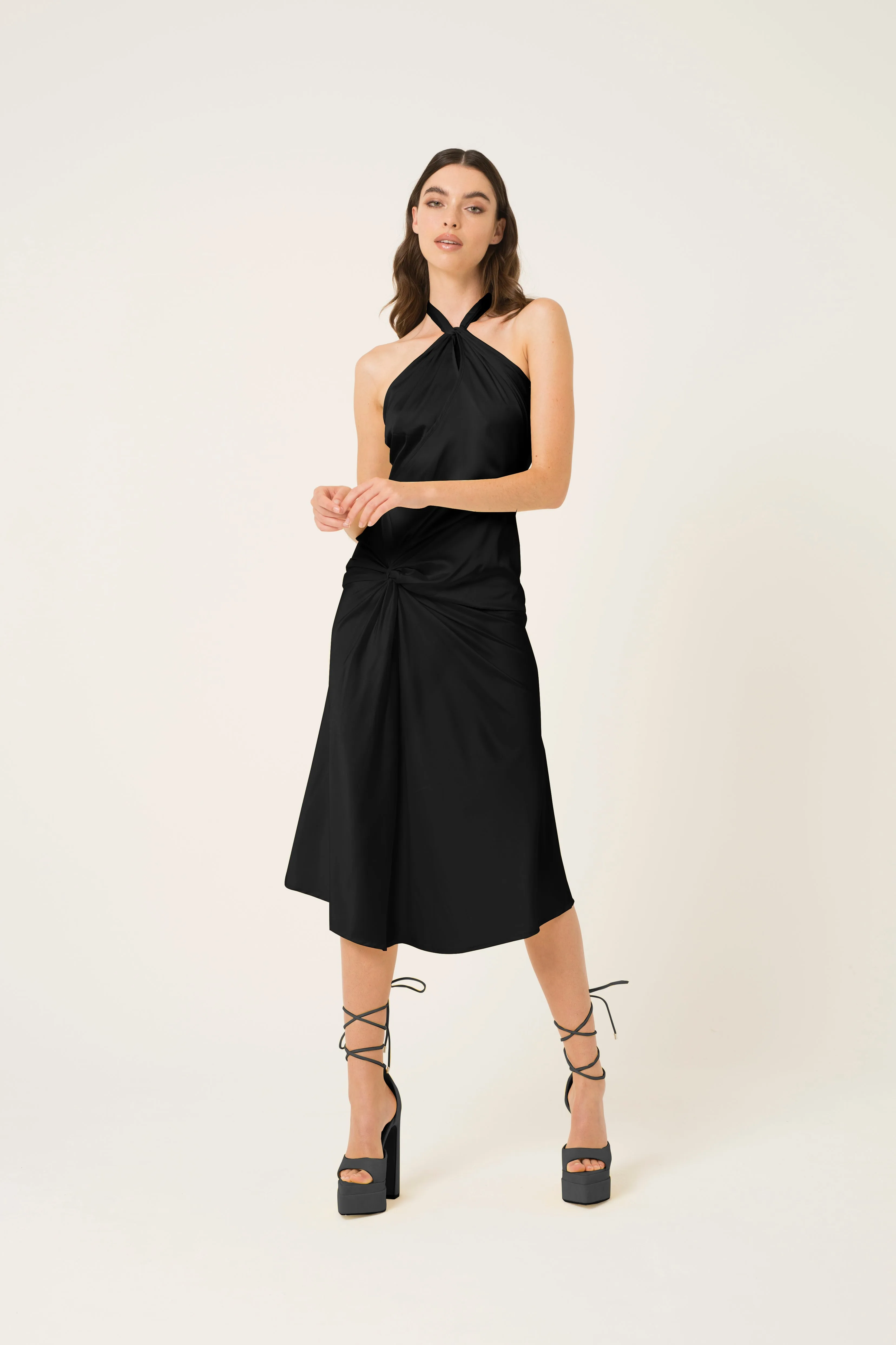 Serena Black Halter-neck Satin Midi Dress sold by AMYLYNN product image thumbnail 3