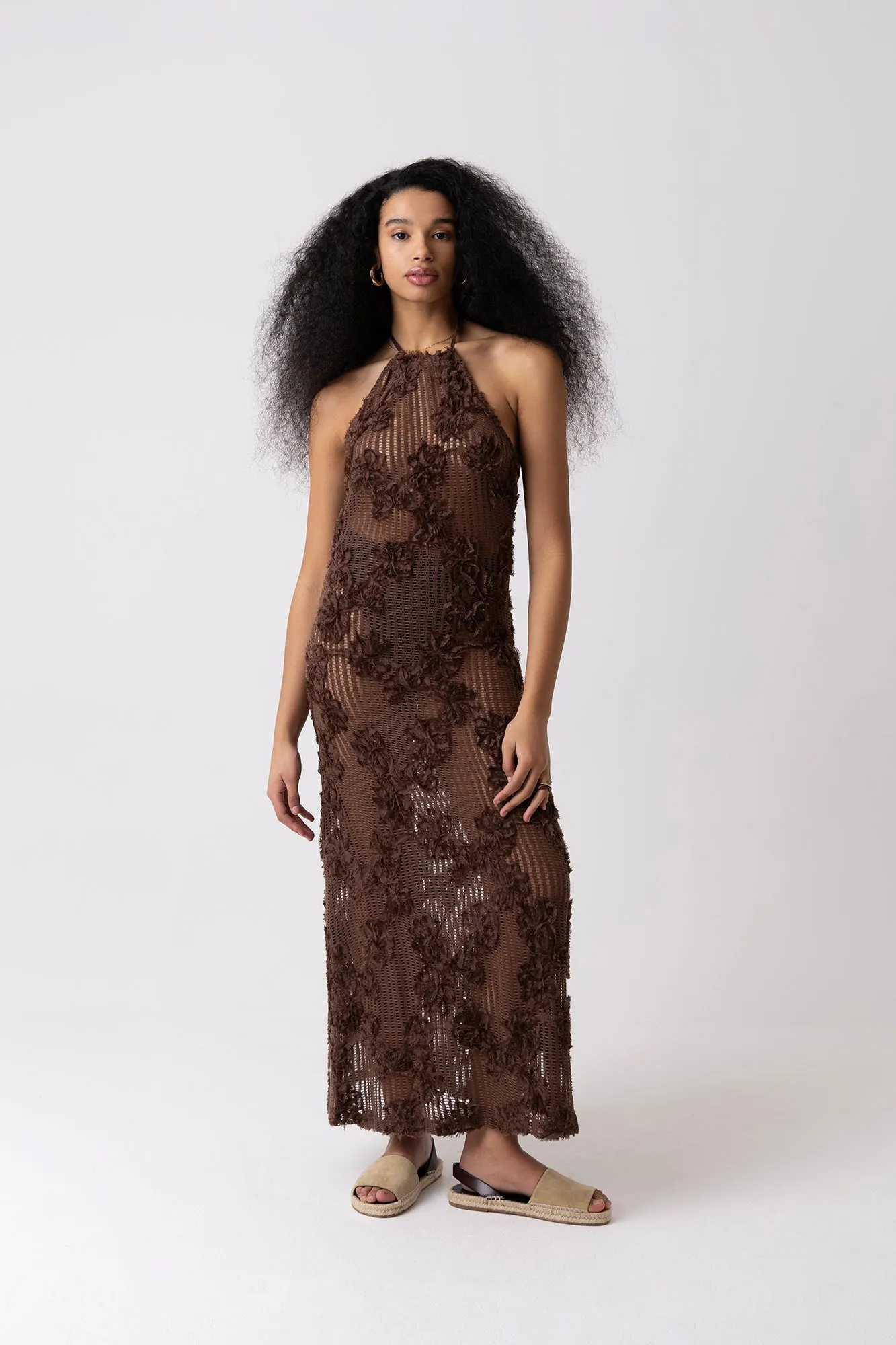 Cici Pure Cotton Brown Floral Crochet Maxi Dress sold by AMYLYNN