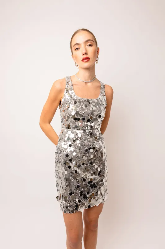 Oceane Silver Disc Sequin Dress sold by AMYLYNN