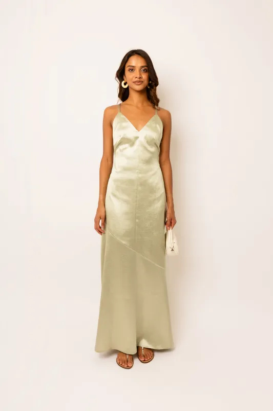 Leonie Mint Satin Maxi Dress made by AMYLYNN