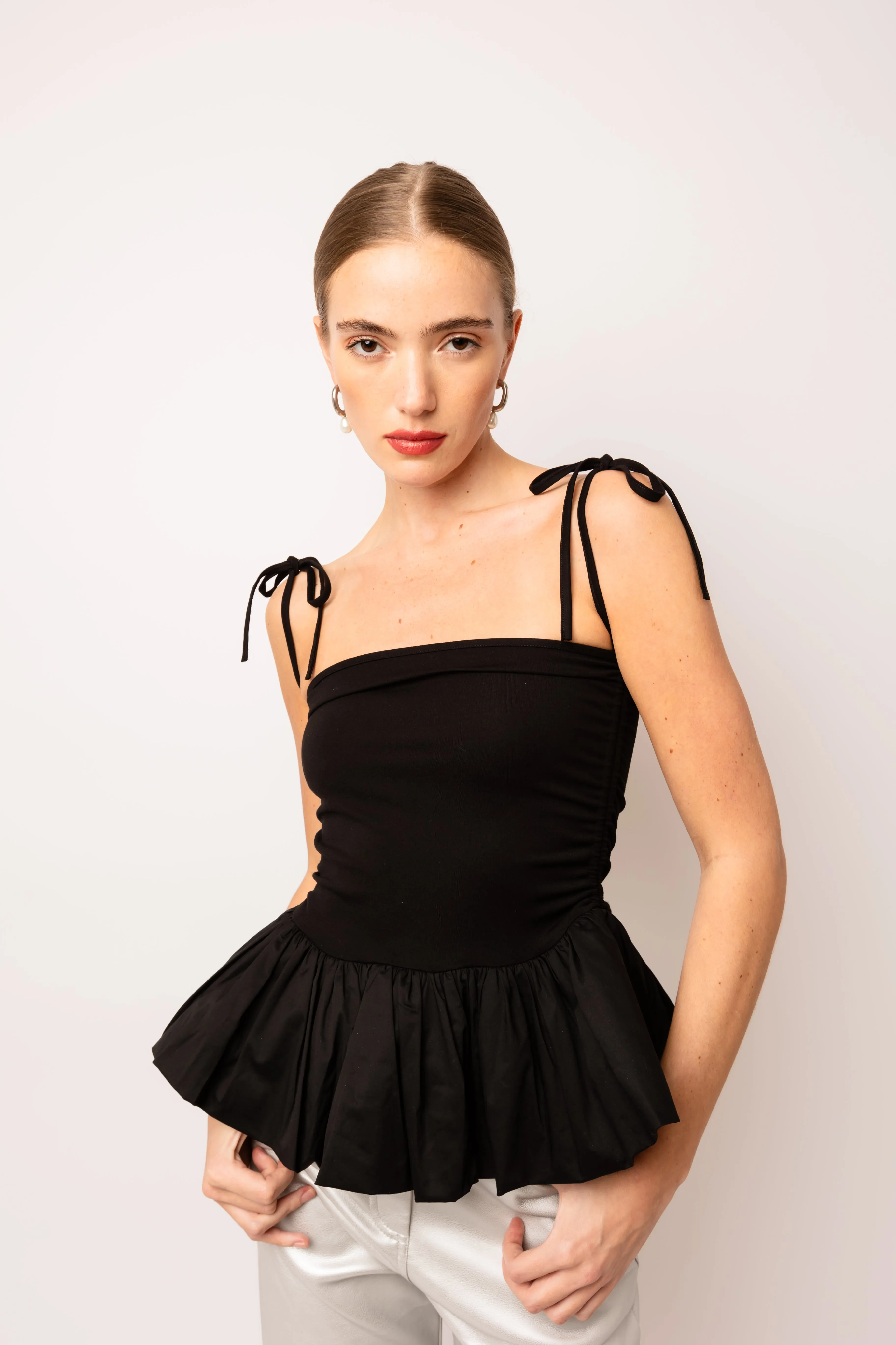 Alexa Rich Cotton Black Puffball Ruffle Top sold by AMYLYNN