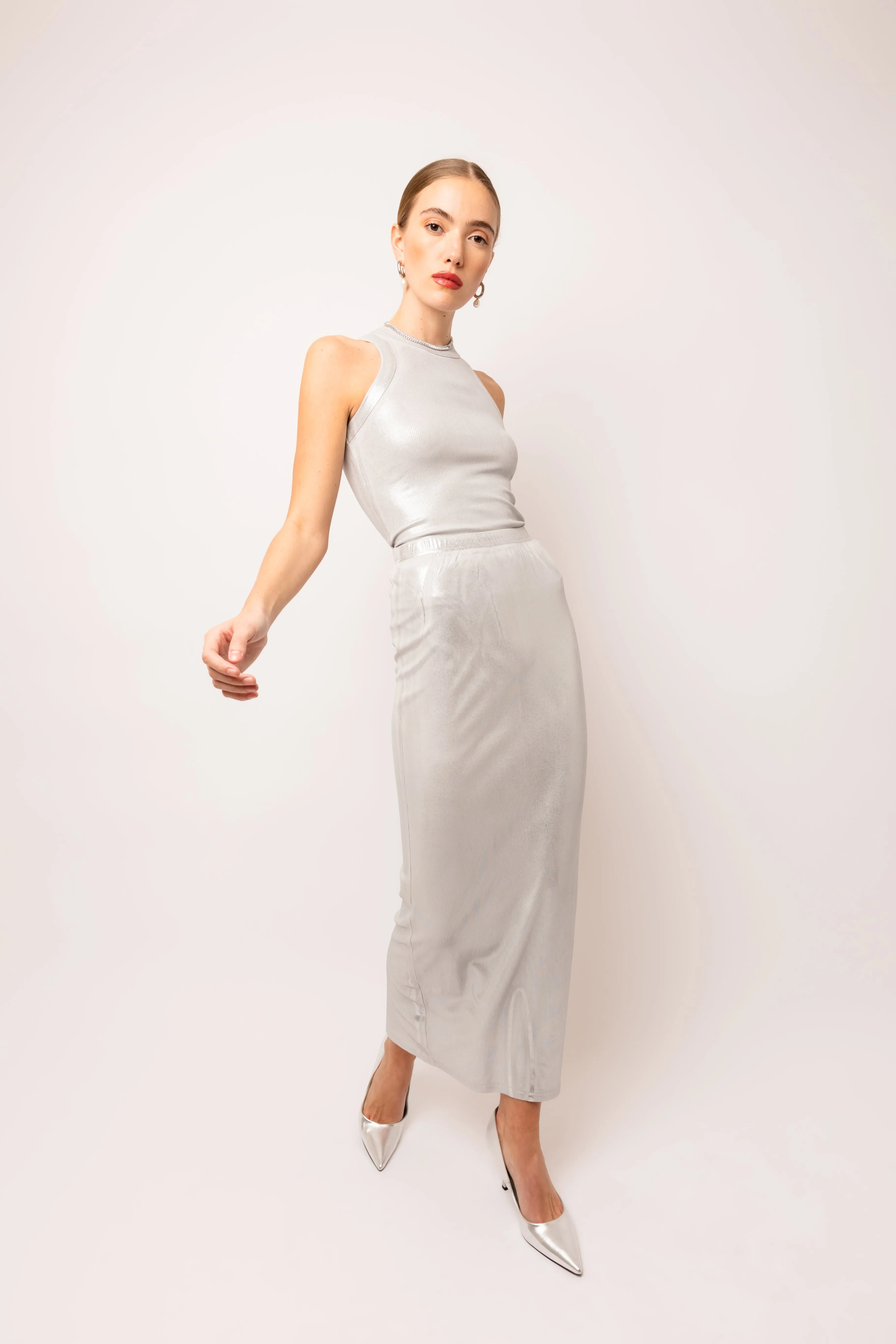 Lulu Silver Metallic Maxi Skirt sold by AMYLYNN product image thumbnail 2
