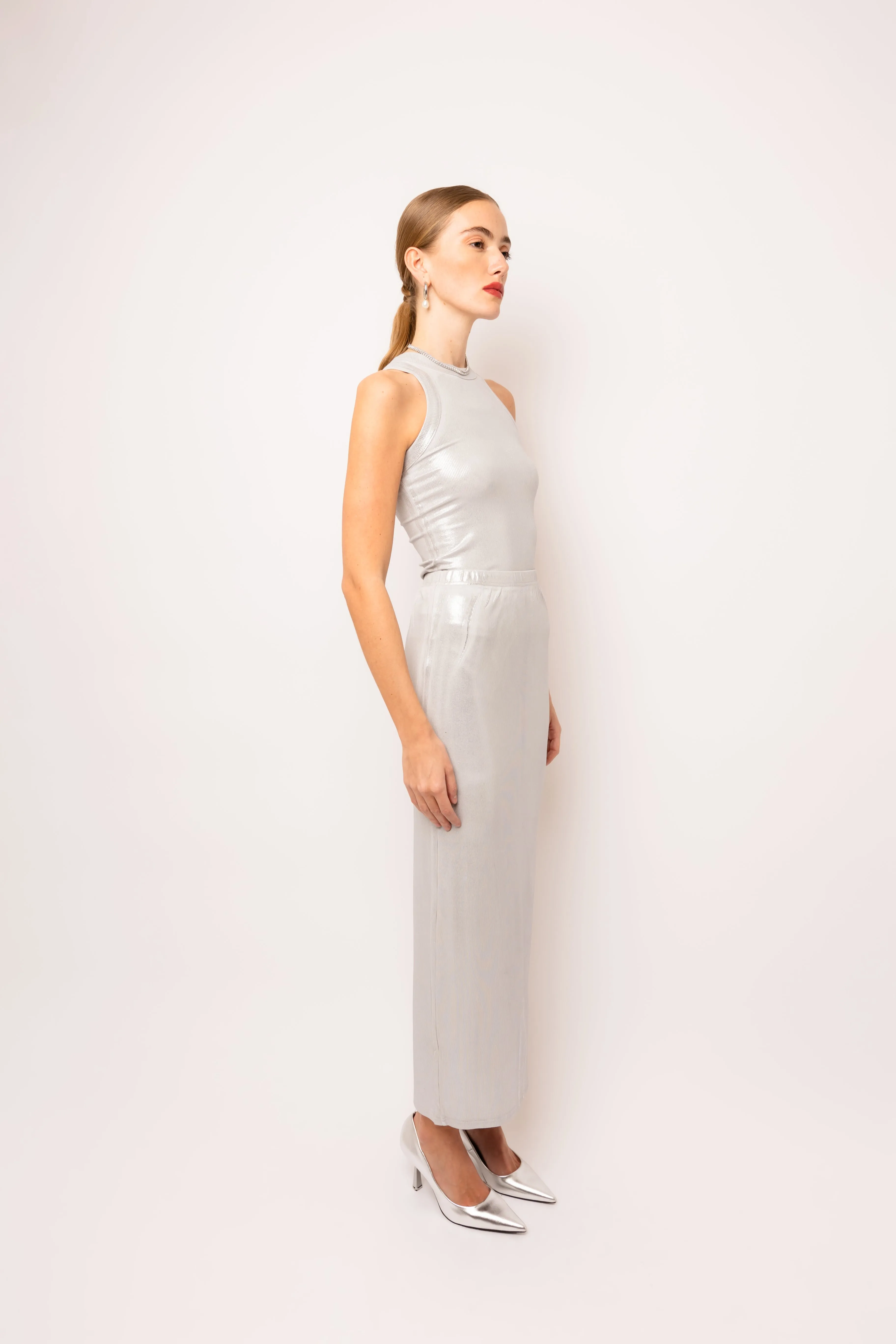 Lulu Silver Metallic Maxi Skirt sold by AMYLYNN product image thumbnail 4