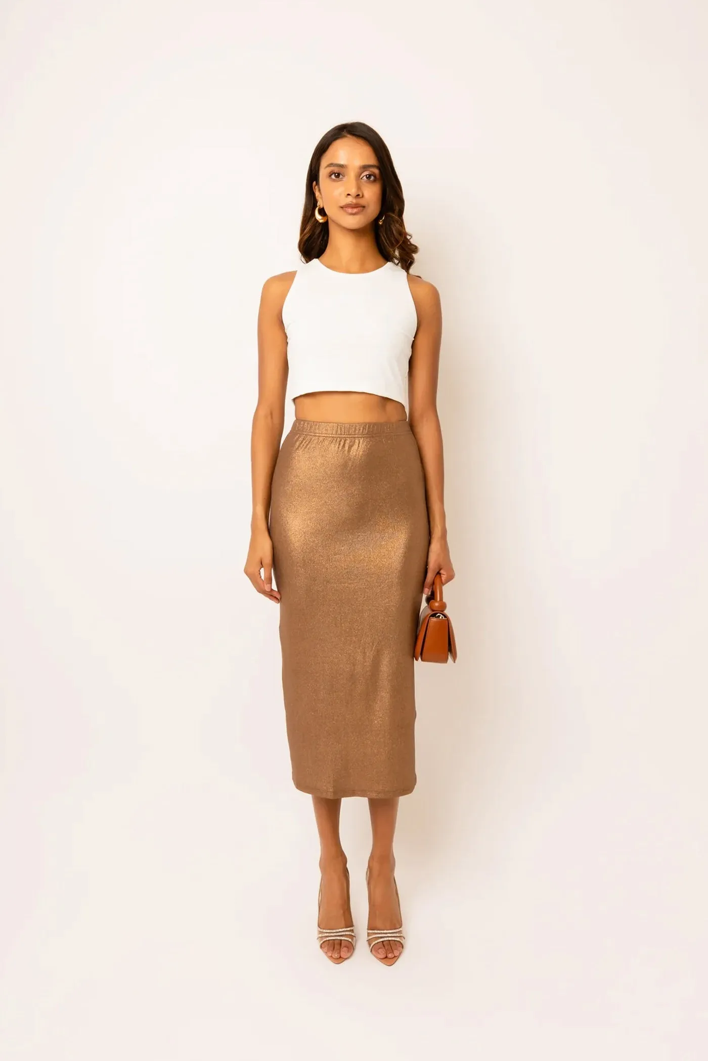 Lulu Brown Metallic Midi Skirt sold by AMYLYNN
