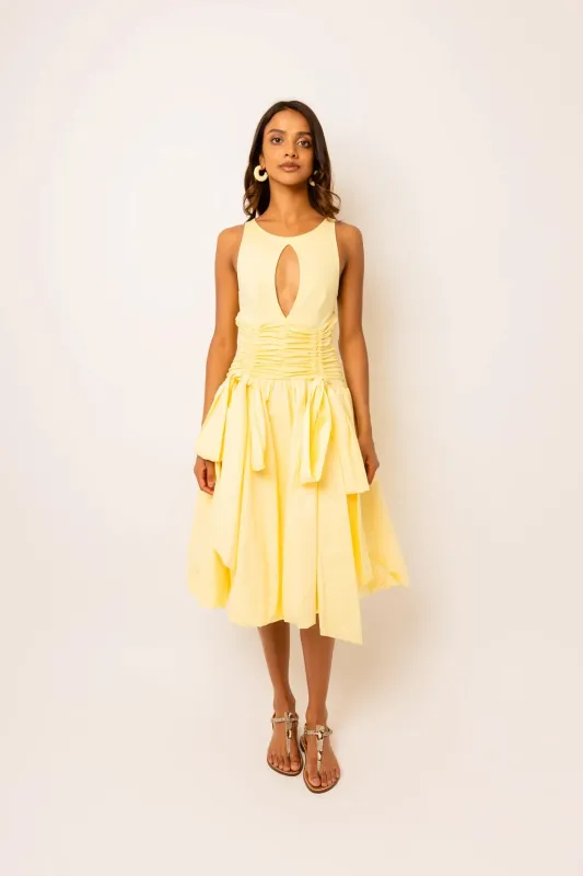 Bodhi Rich Cotton Yellow Puffball Midi Dress sold by AMYLYNN