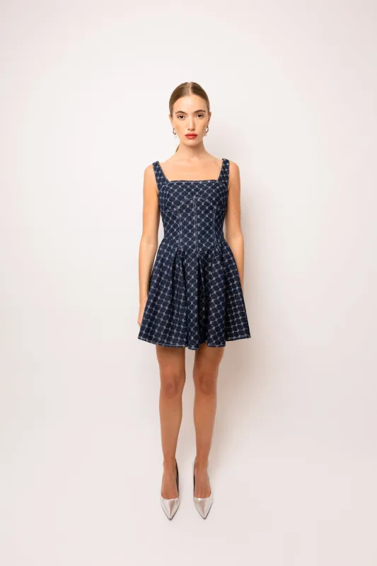 Remi Pure Cotton Denim Geo-Print Mini Dress sold by AMYLYNN