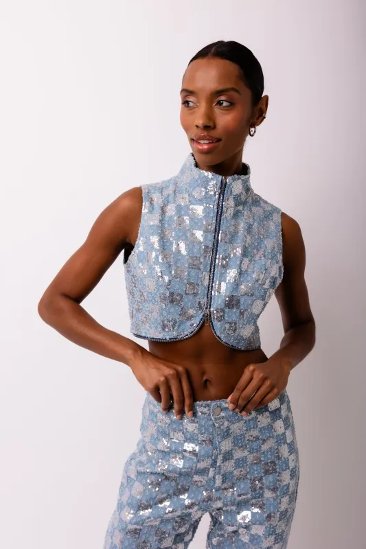 Paloma Rich Cotton Denim Embellished Cropped Gilet sold by AMYLYNN