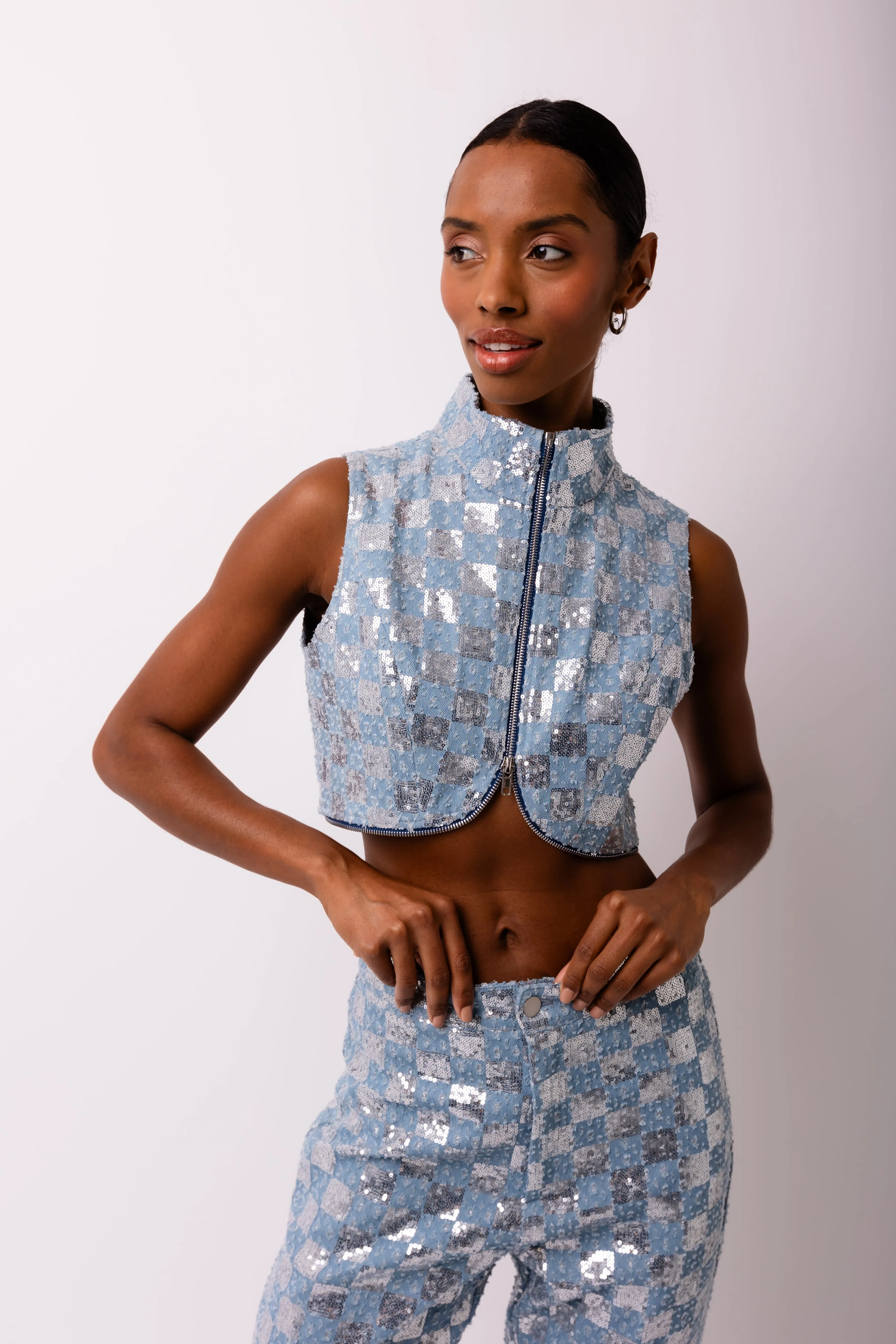 Paloma Rich Cotton Denim Embellished Cropped Gilet sold by AMYLYNN