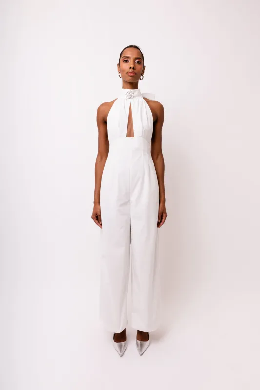 Bowie Rich Cotton White Crystal Embellished High Neck Jumpsuit sold by AMYLYNN