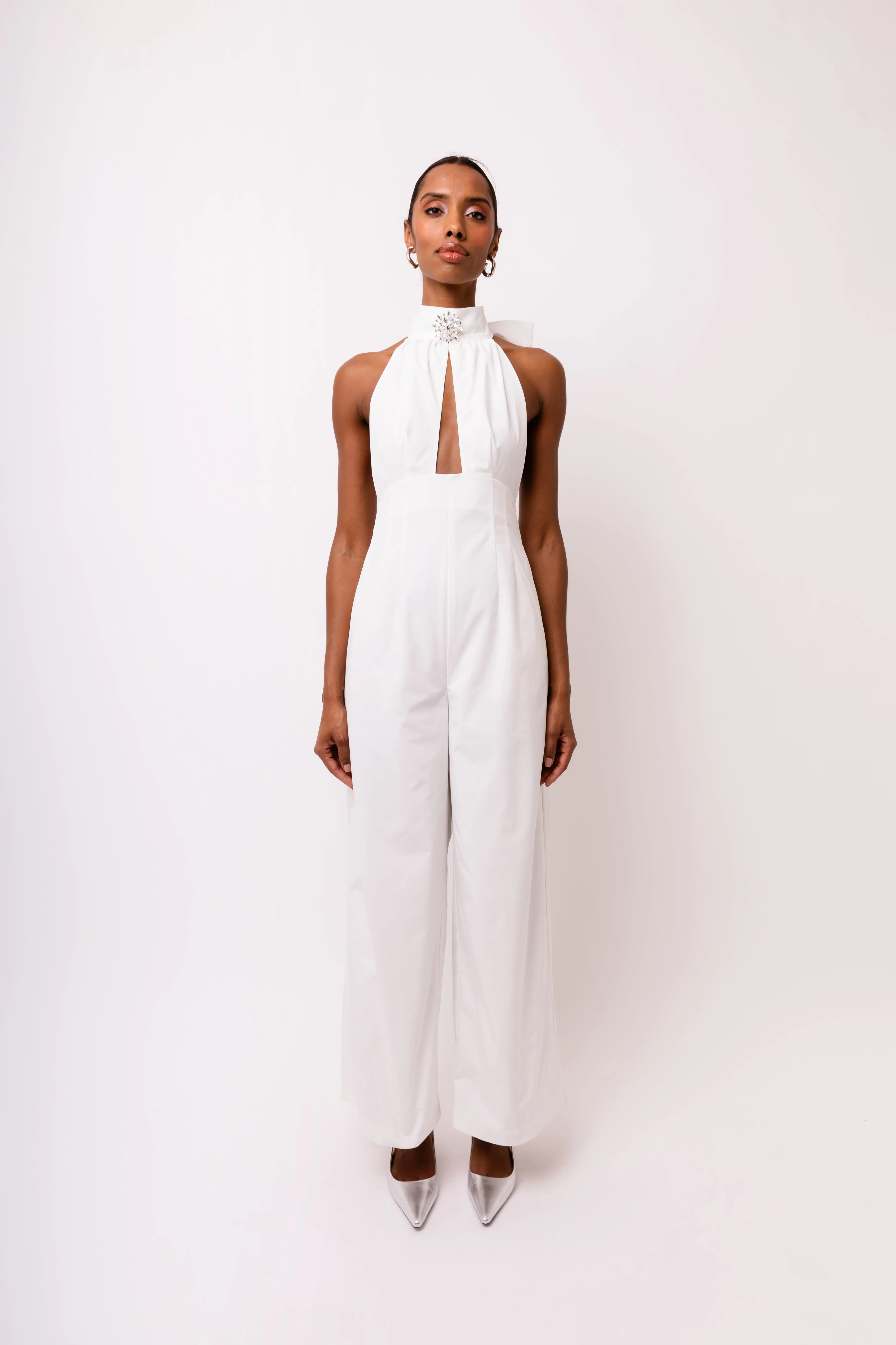 Bowie Rich Cotton White Crystal Embellished High Neck Jumpsuit sold by AMYLYNN