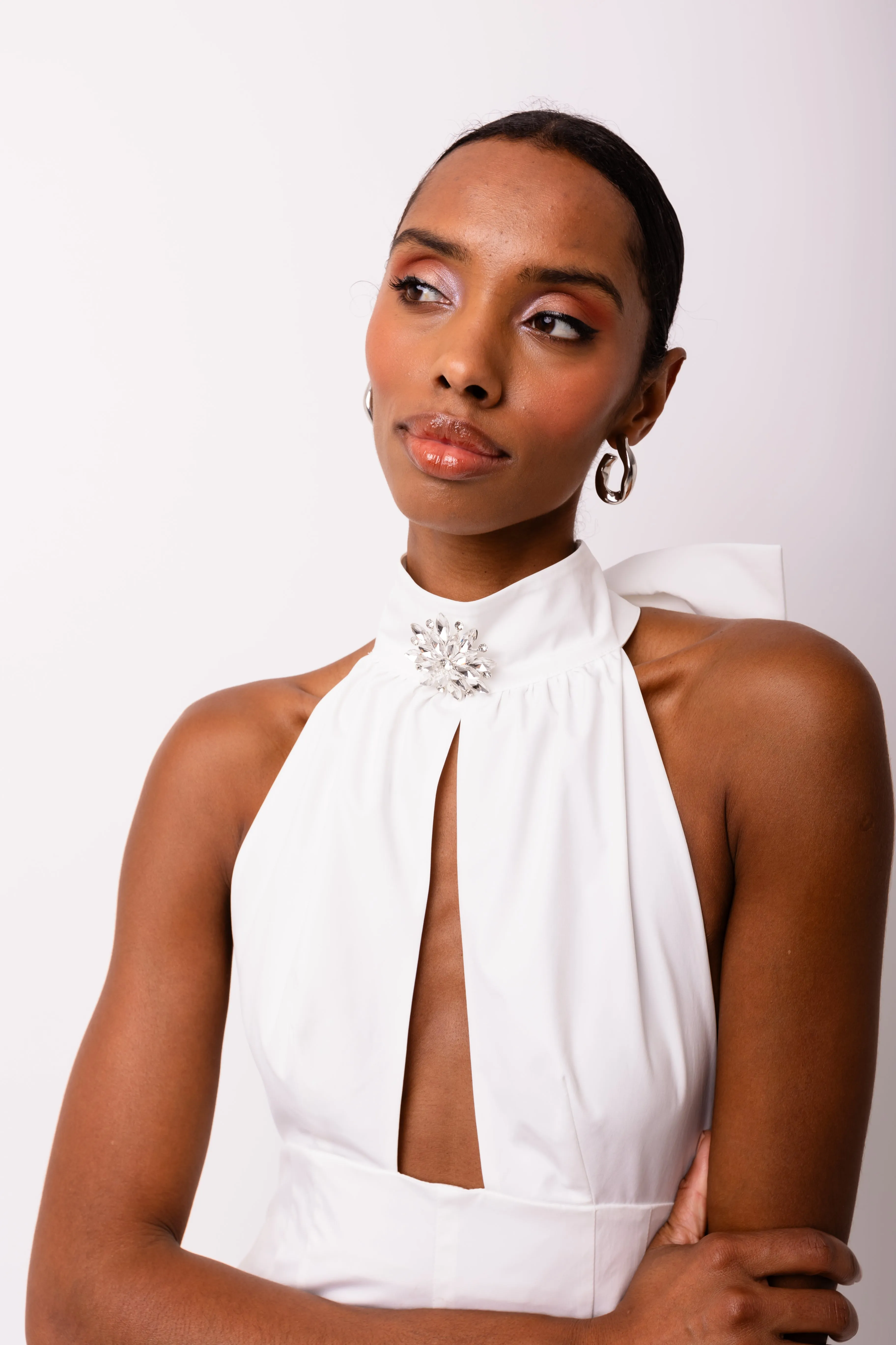 Bowie Rich Cotton White Crystal Embellished High Neck Jumpsuit sold by AMYLYNN product image thumbnail 2