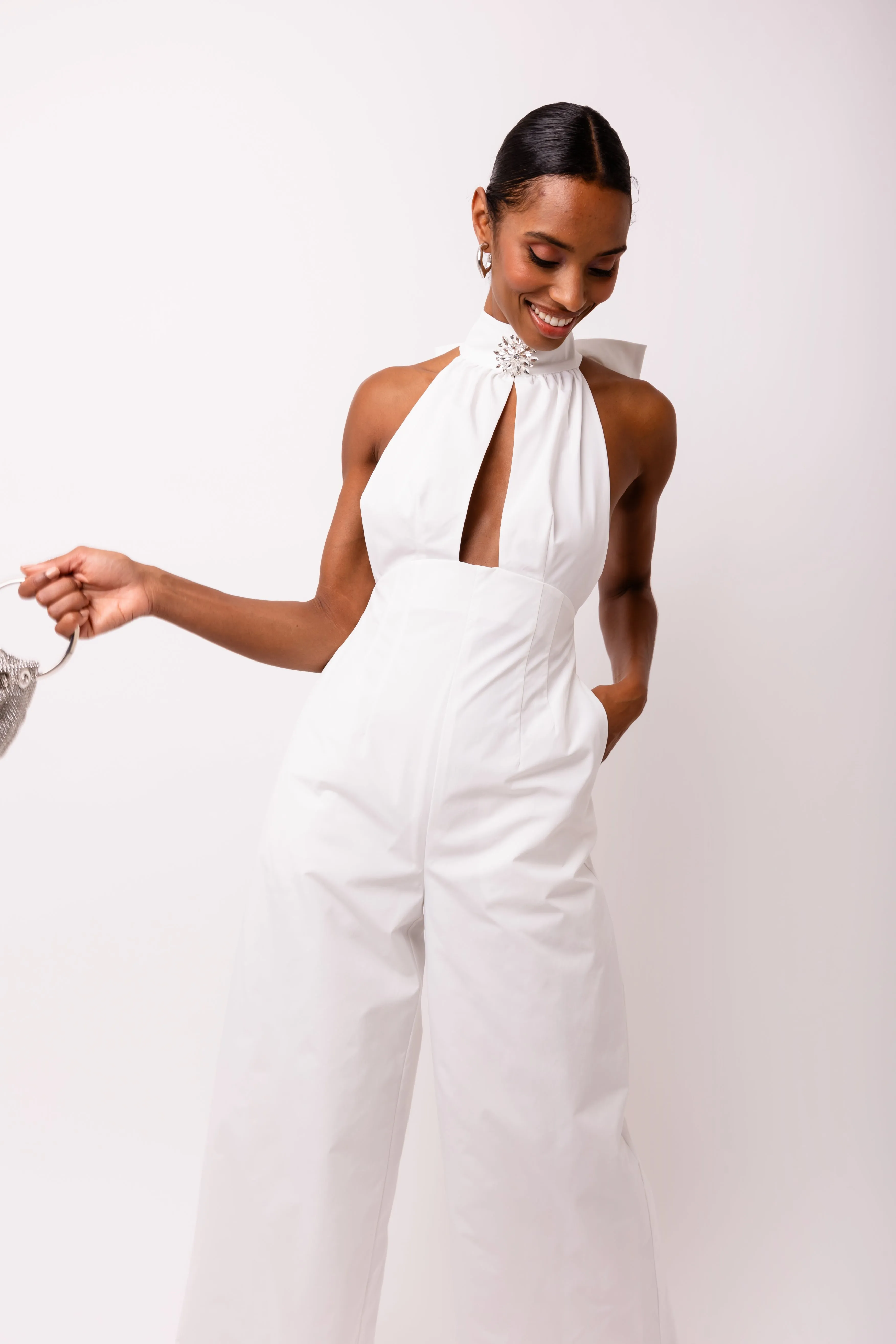Bowie Rich Cotton White Crystal Embellished High Neck Jumpsuit sold by AMYLYNN product image thumbnail 5