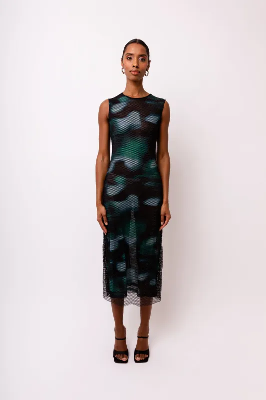 Porto Rhinestone Embellished Abstract Mesh Midi Dress made by AMYLYNN