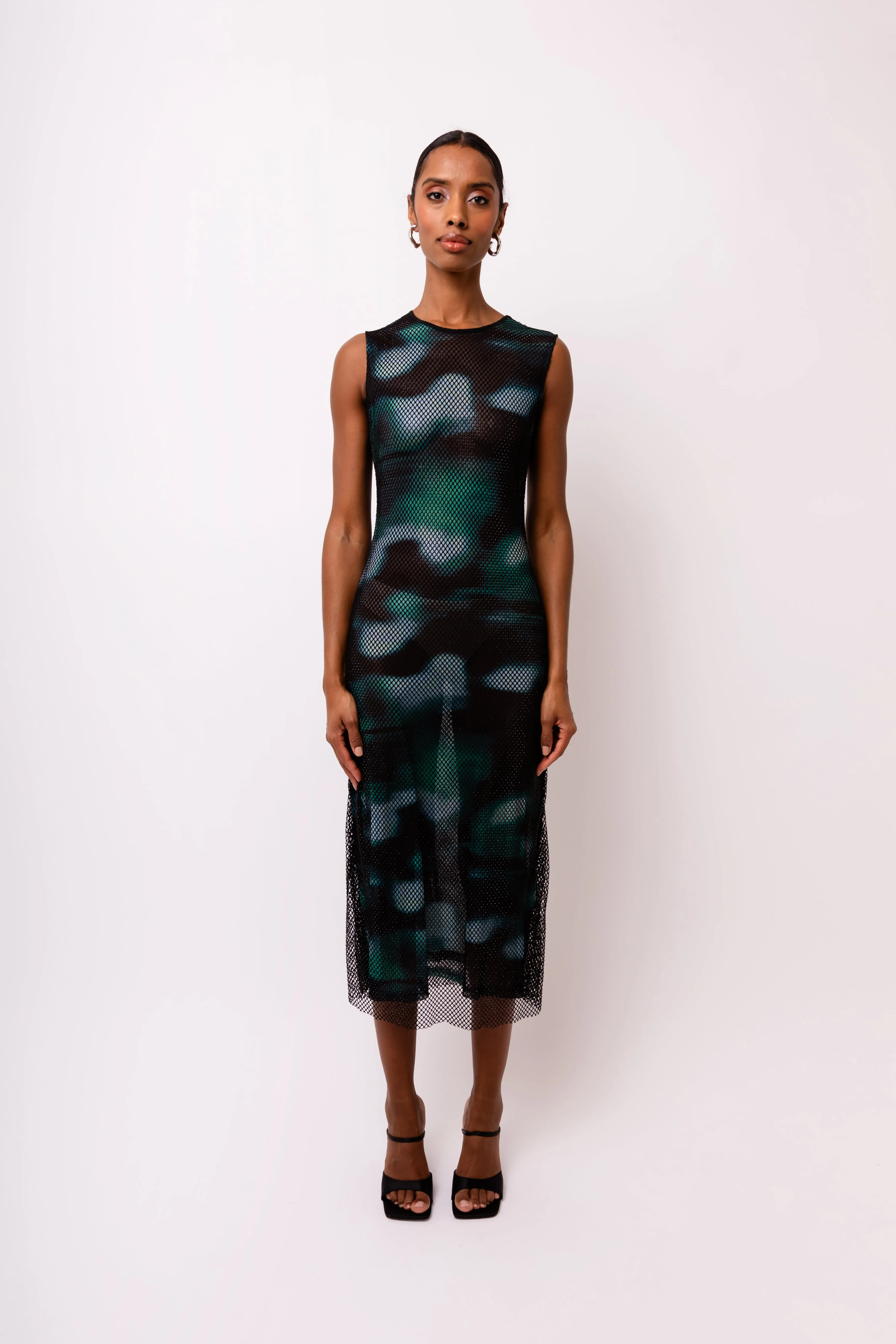 Porto Rhinestone Embellished Abstract Mesh Midi Dress sold by AMYLYNN