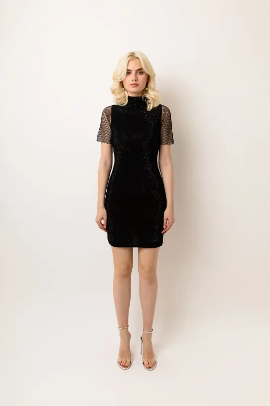 Mila Black Embellished High-Neck Mini Dress sold by AMYLYNN