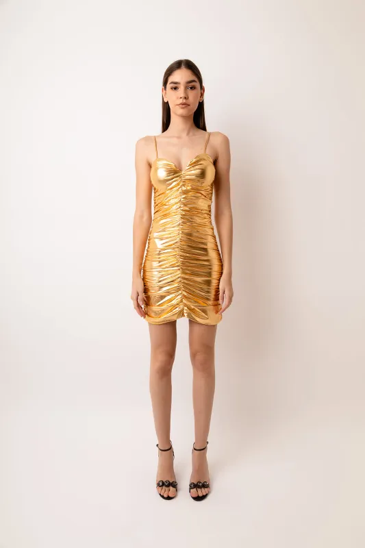 Yaya Gold Ruched Mini Dress sold by AMYLYNN