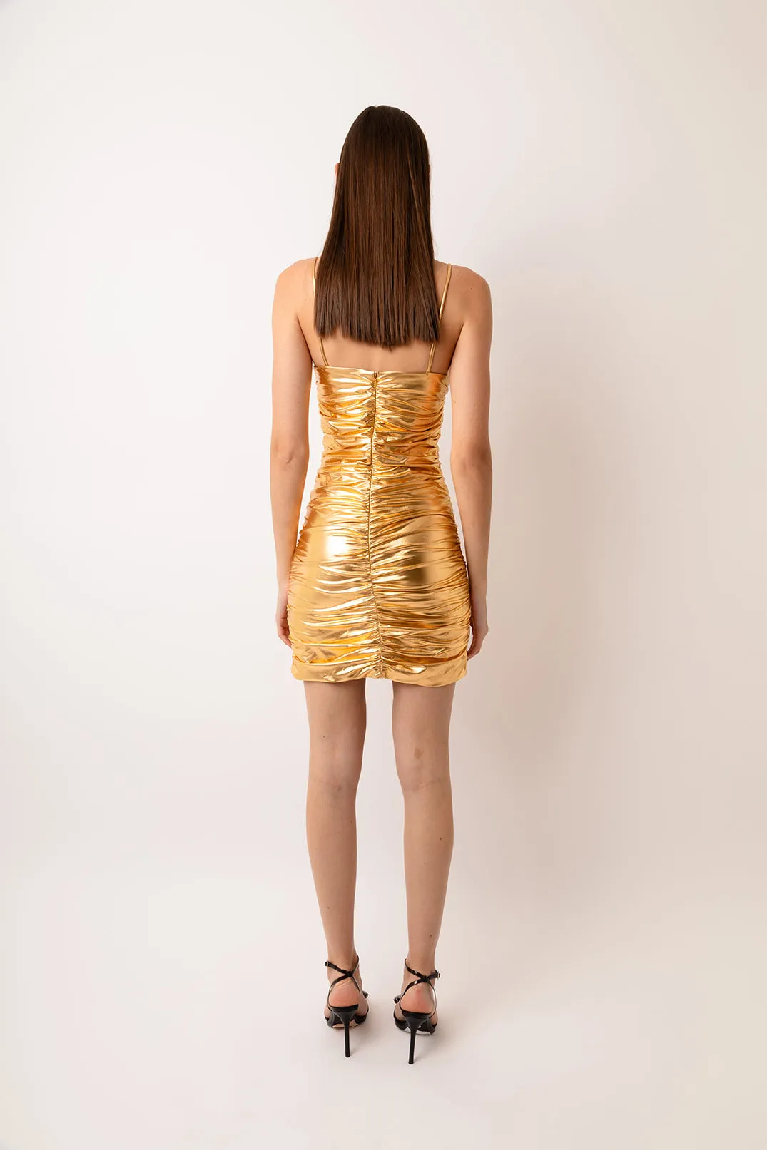 Yaya Gold Ruched Mini Dress sold by AMYLYNN product image thumbnail 4