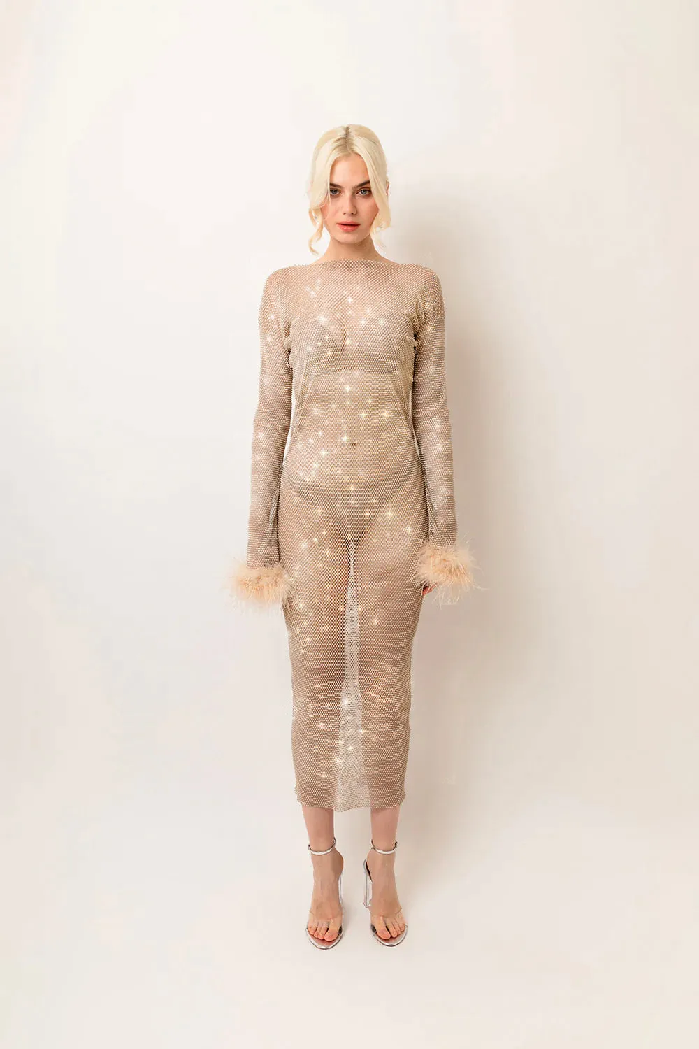 Seville Champagne Net Mesh Rhinestone Maxi Dress sold by AMYLYNN