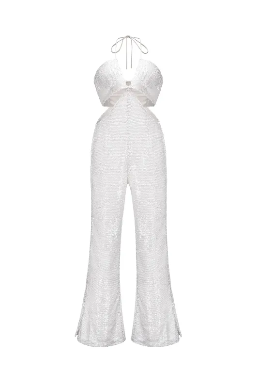 Marcie White Sequin Flare Jumpsuit sold by AMYLYNN