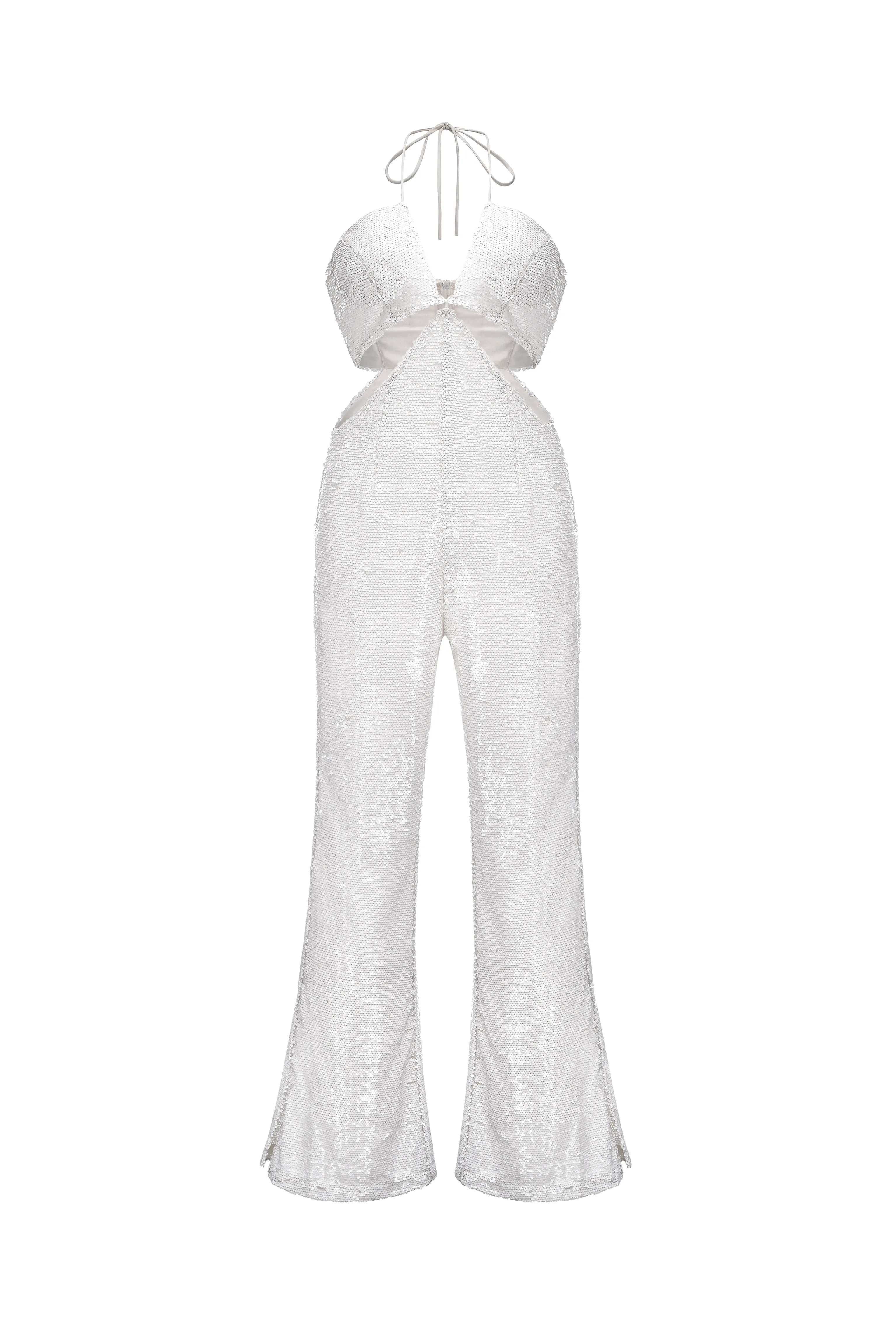 Marcie White Sequin Flare Jumpsuit sold by AMYLYNN