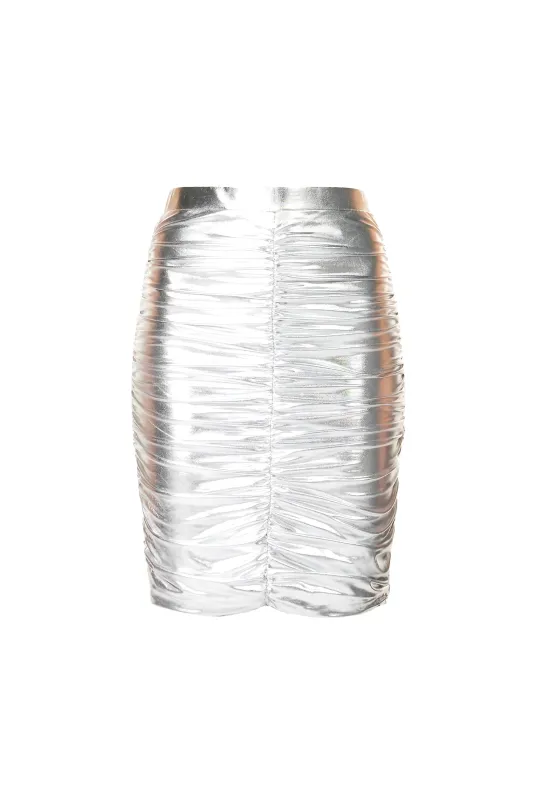 Yaya Silver Metallic Ruched Midi Skirt sold by AMYLYNN