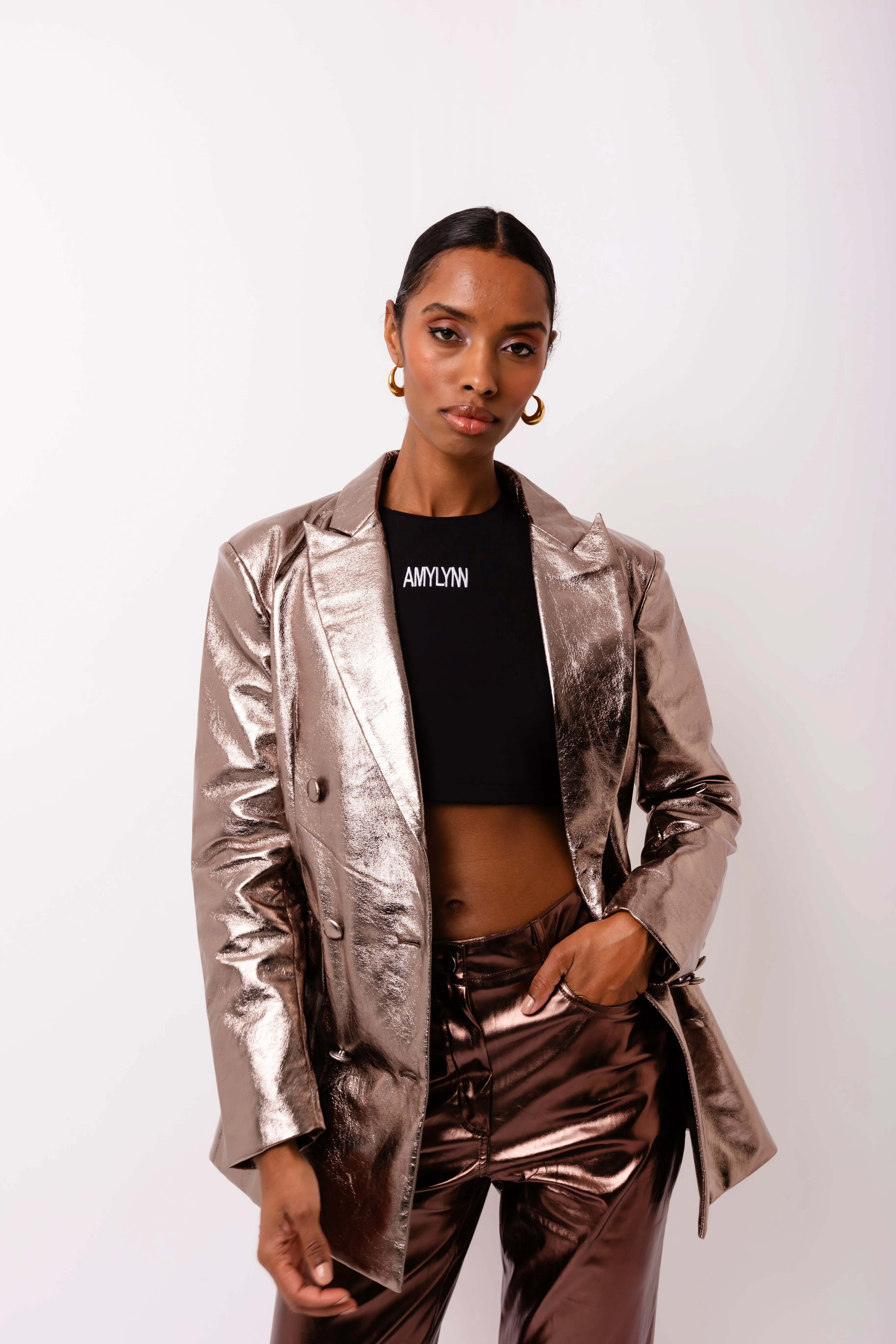 Yasmine Gunmetal Metallic Leather Blazer sold by AMYLYNN product image thumbnail 2
