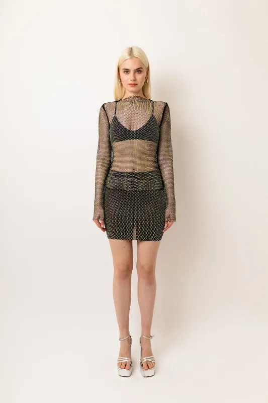 Bethan Black Rhinestone Embellished Net Mini Skirt sold by AMYLYNN