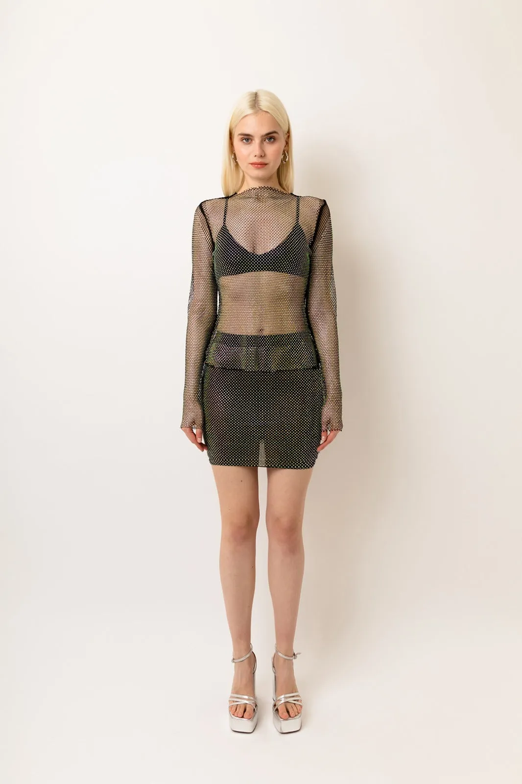 Bethan Black Rhinestone Embellished Net Mini Skirt sold by AMYLYNN