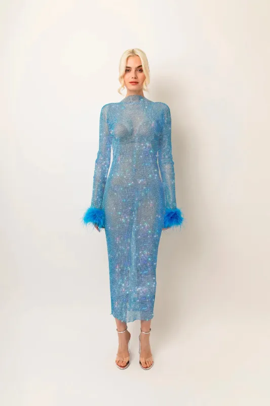 Seville Blue Net Mesh Rhinestone Maxi Dress sold by AMYLYNN