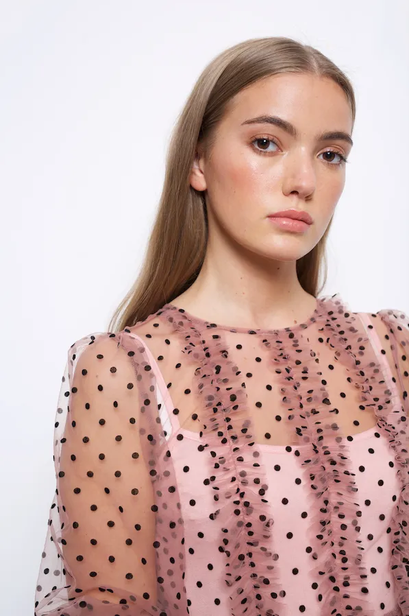 Annie Pink Spot Mesh Ruffle Tiered Midi Dress sold by AMYLYNN product image thumbnail 2