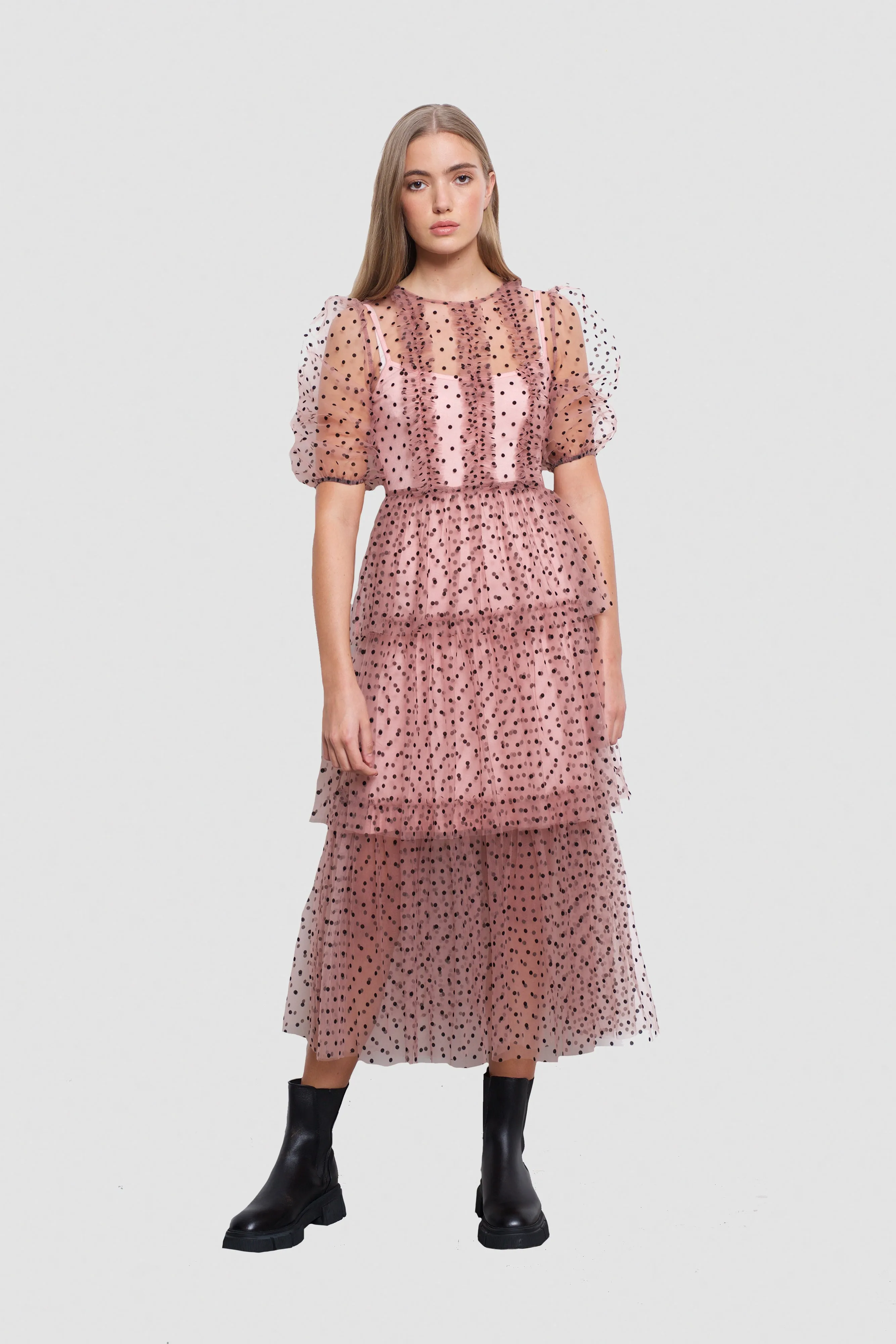 Annie Pink Spot Mesh Ruffle Tiered Midi Dress sold by AMYLYNN