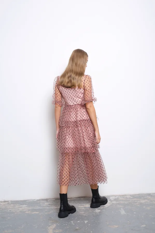 Annie Pink Spot Mesh Ruffle Tiered Midi Dress sold by AMYLYNN product image thumbnail 3