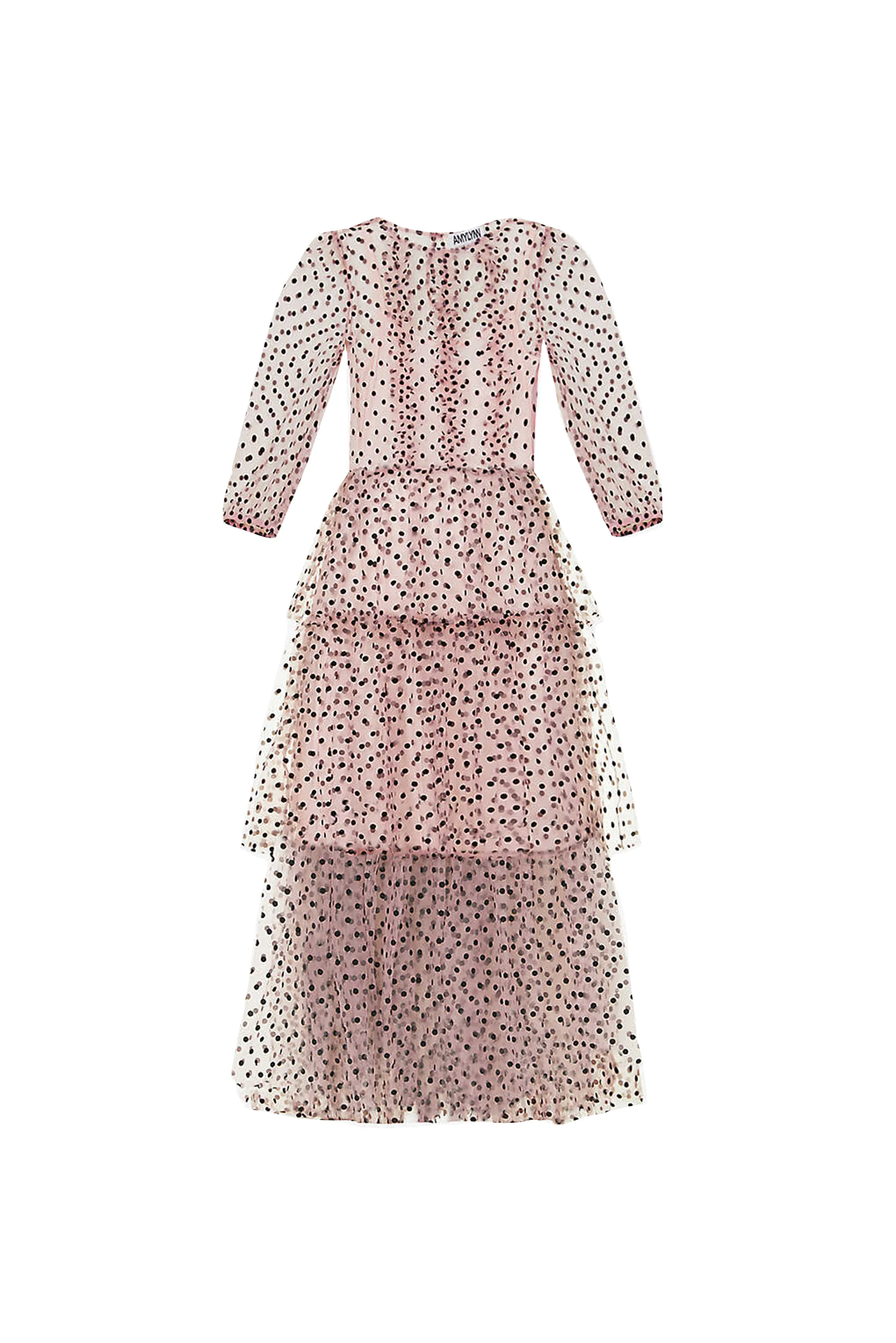 Annie Pink Spot Mesh Ruffle Tiered Midi Dress sold by AMYLYNN product image thumbnail 4