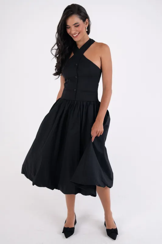 Garcelle Rich Cotton Black Halterneck Midi Dress sold by AMYLYNN