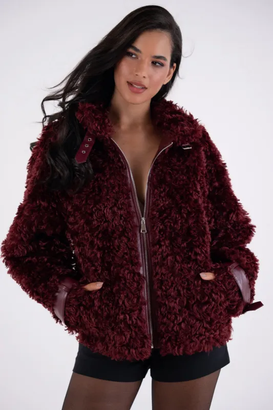 Celeste Burgundy Funnel Neck Faux Shearling Coat sold by AMYLYNN