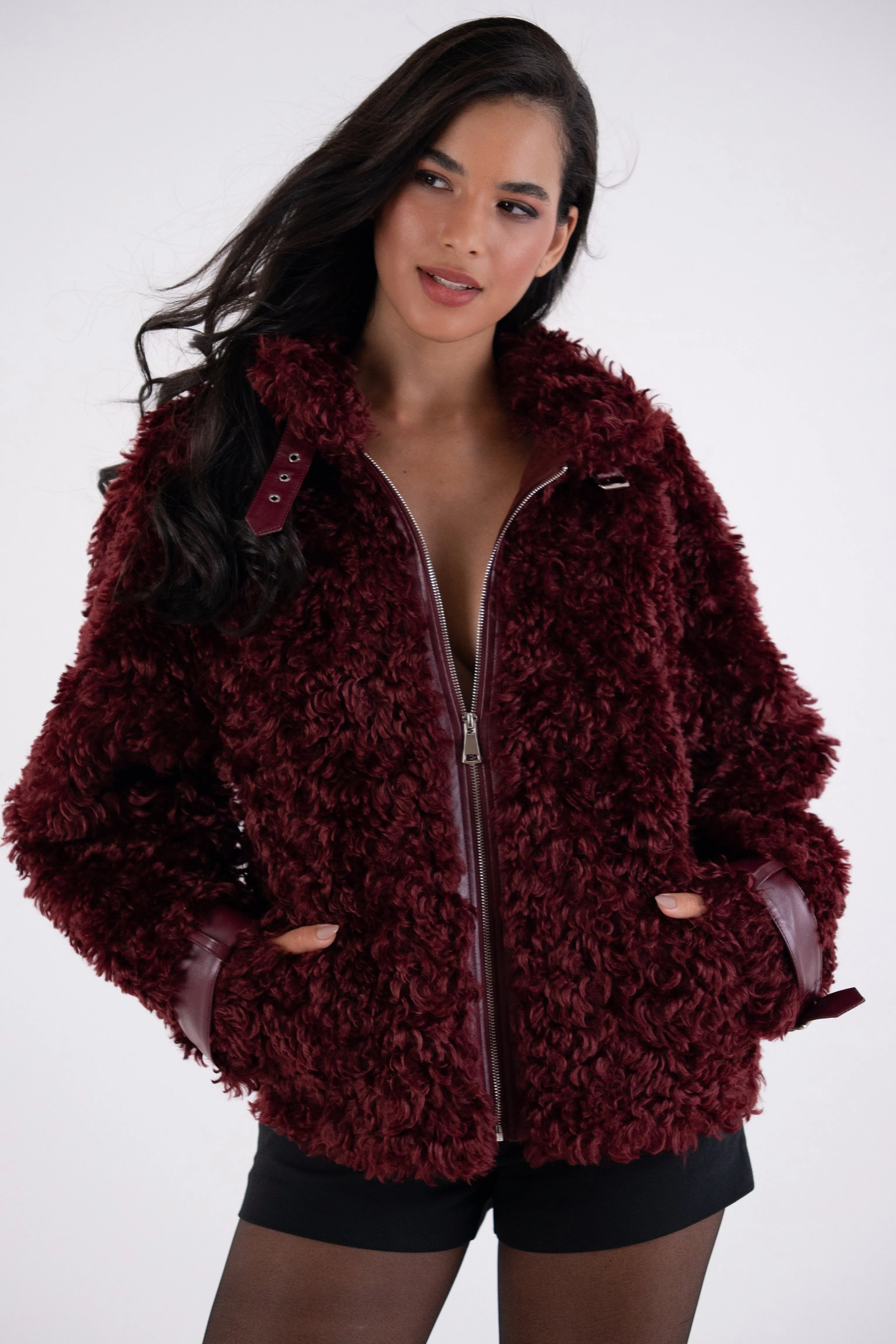 Celeste Burgundy Funnel Neck Faux Shearling Coat sold by AMYLYNN