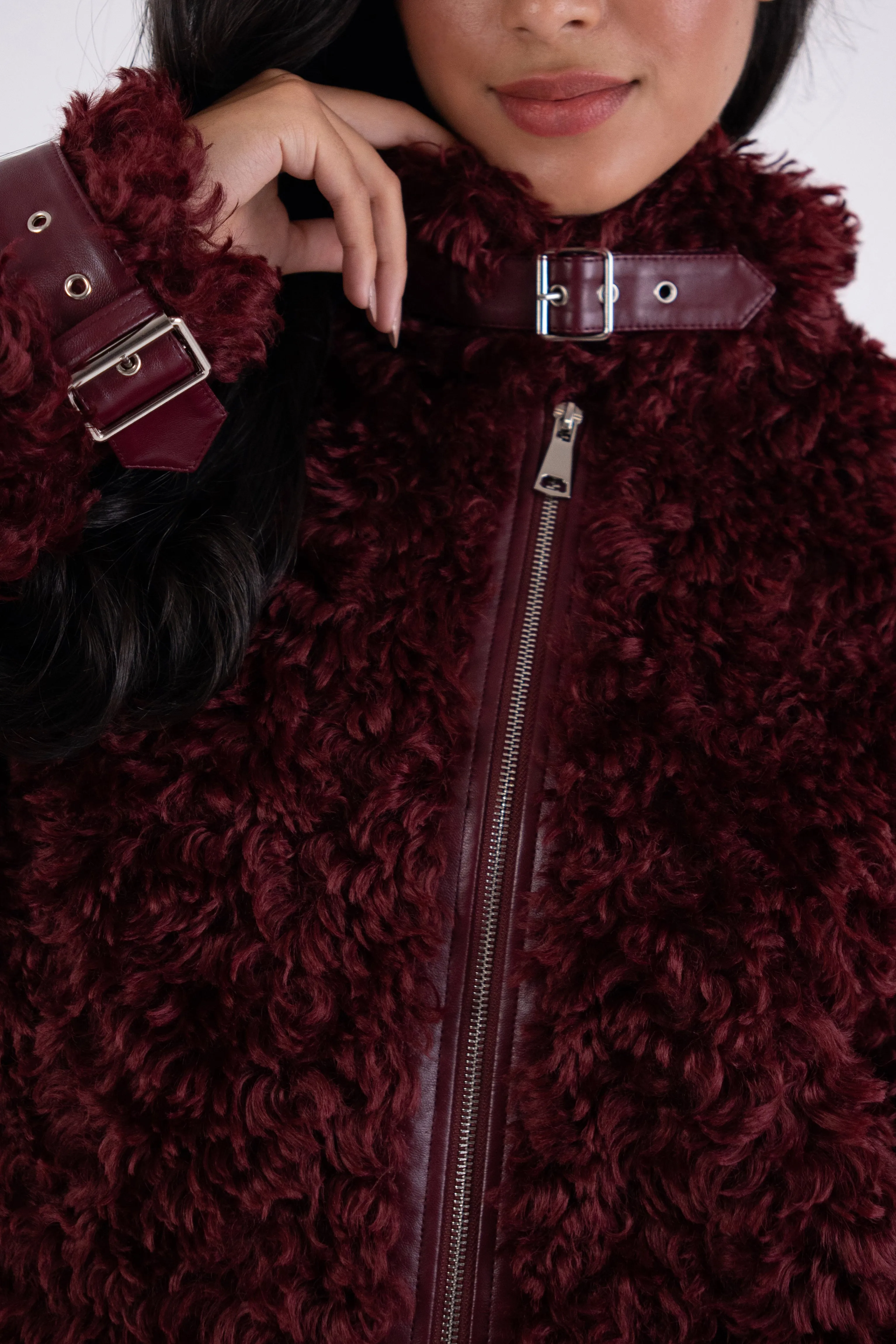 Celeste Burgundy Funnel Neck Faux Shearling Coat sold by AMYLYNN product image thumbnail 2