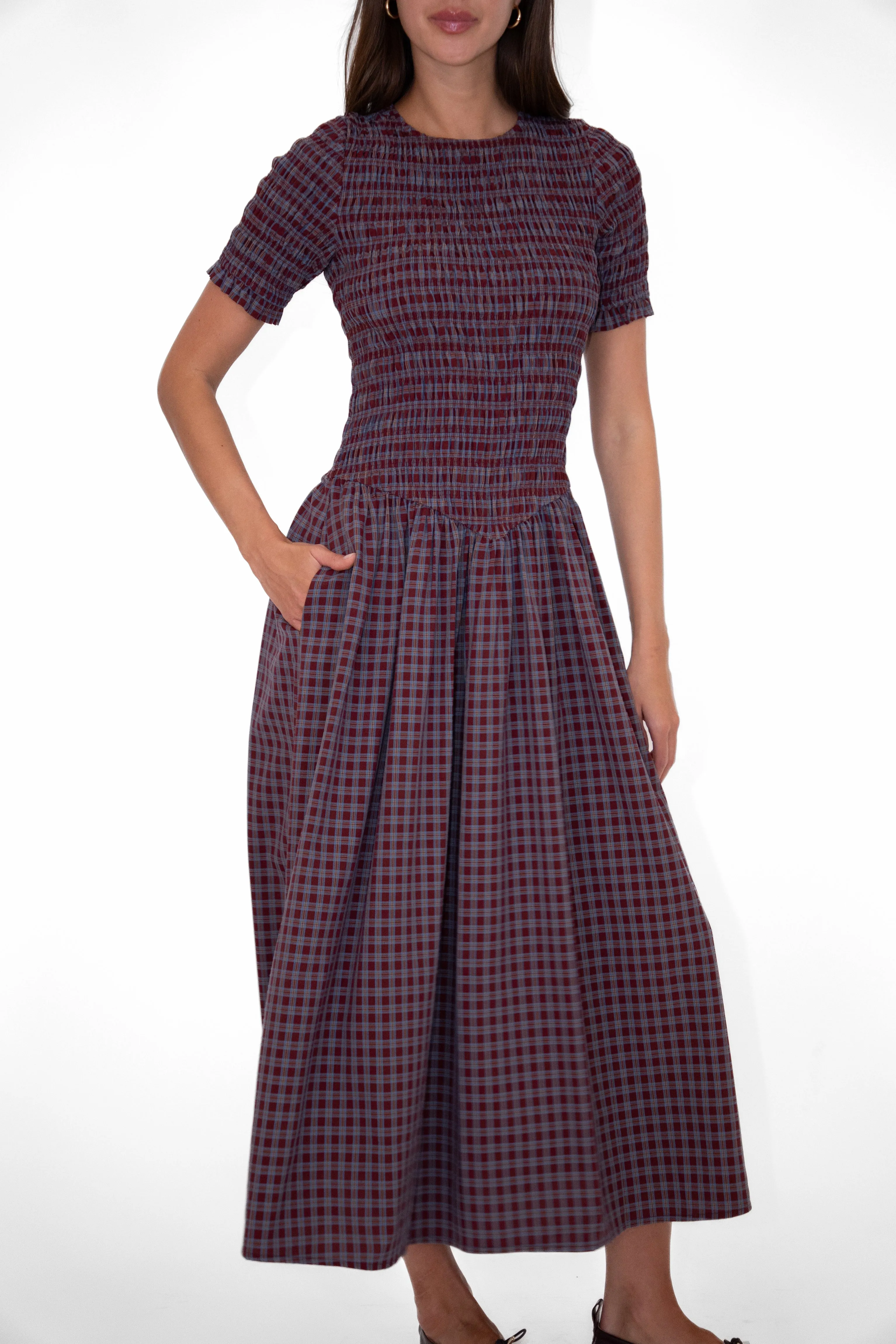 Beatrix Smocked Grape Plaid Midi Dress sold by AMYLYNN product image thumbnail 5