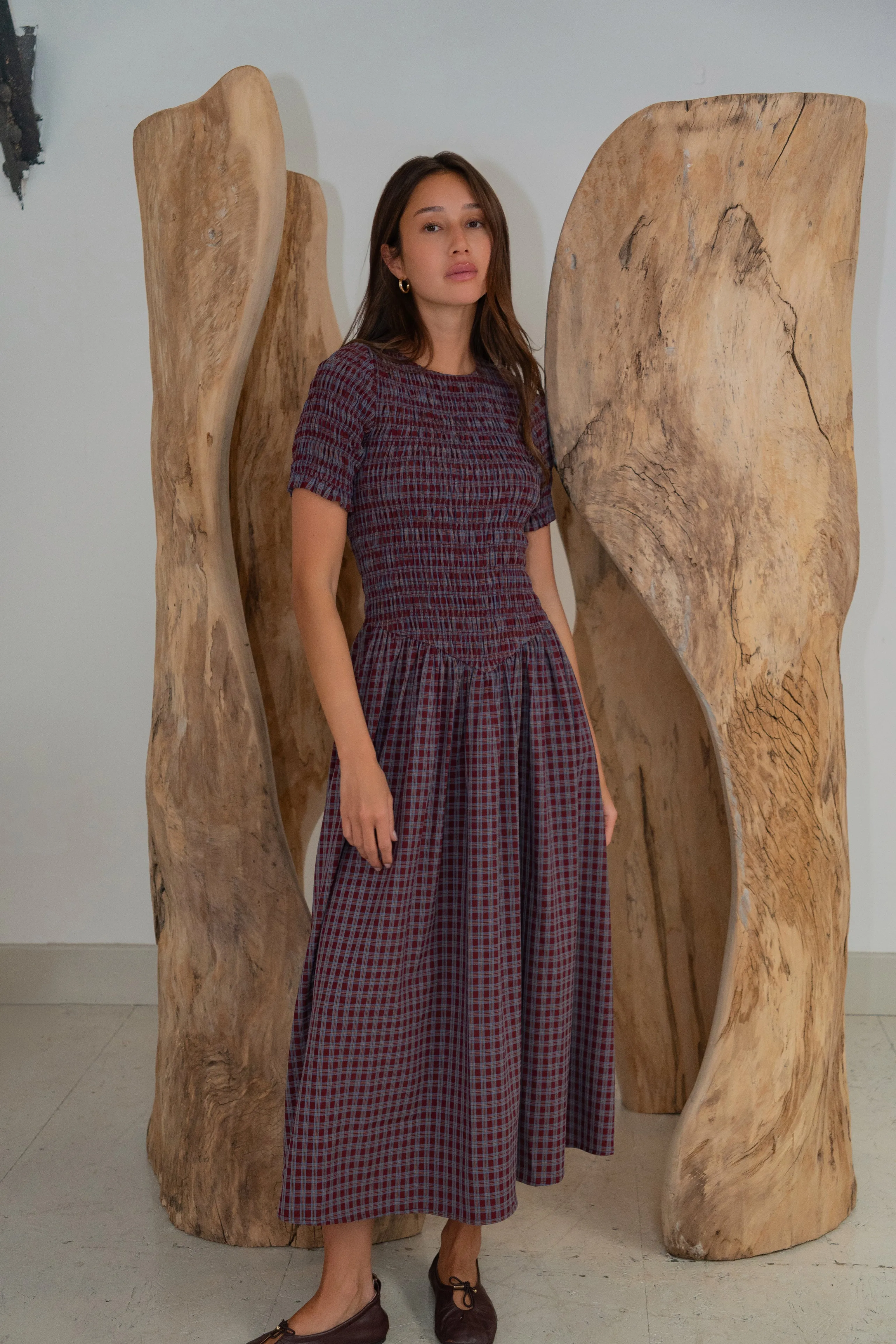 Beatrix Smocked Grape Plaid Midi Dress sold by AMYLYNN